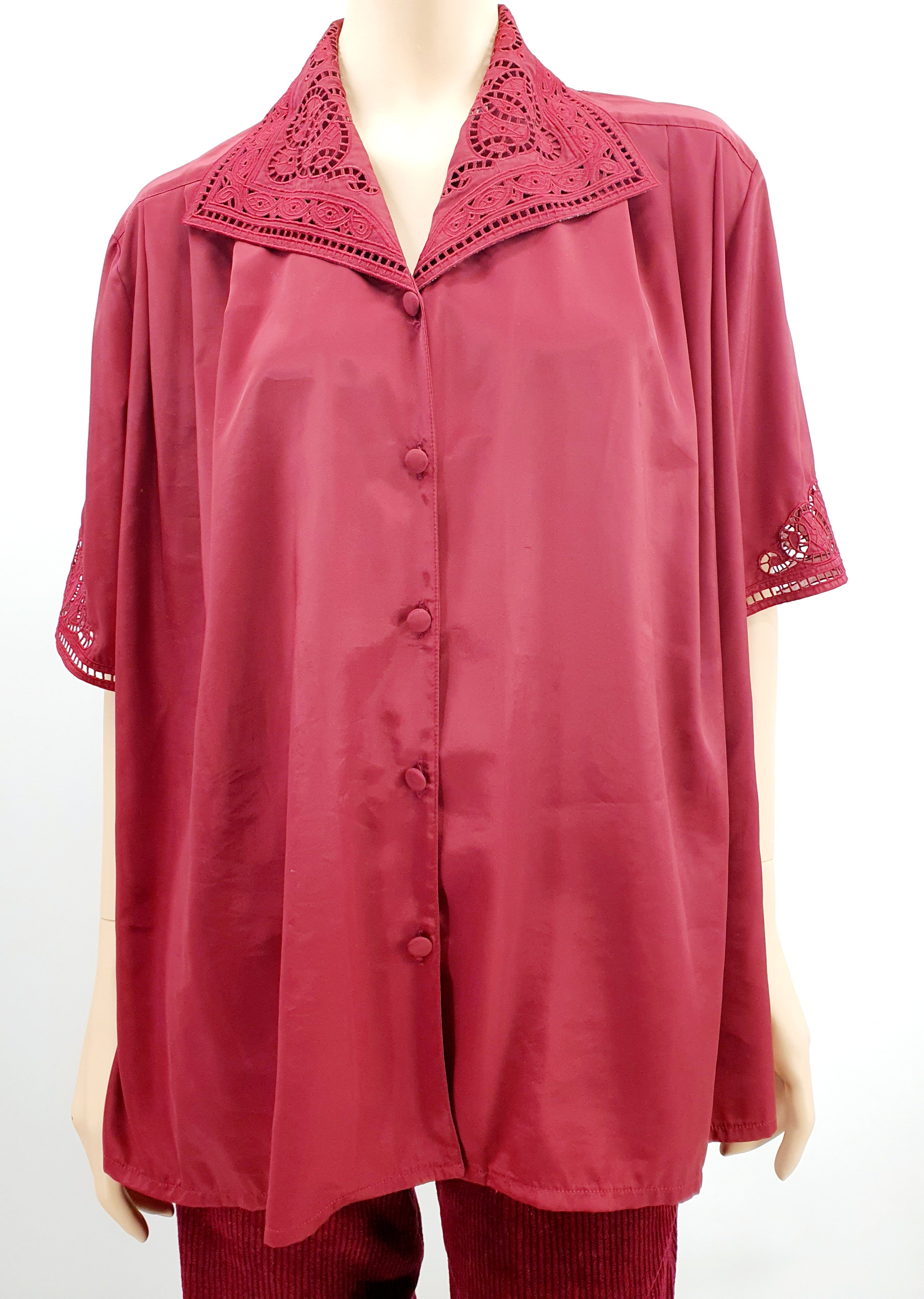 Abak, dark red embroidered women's shirt from the 90s, size 46/48
