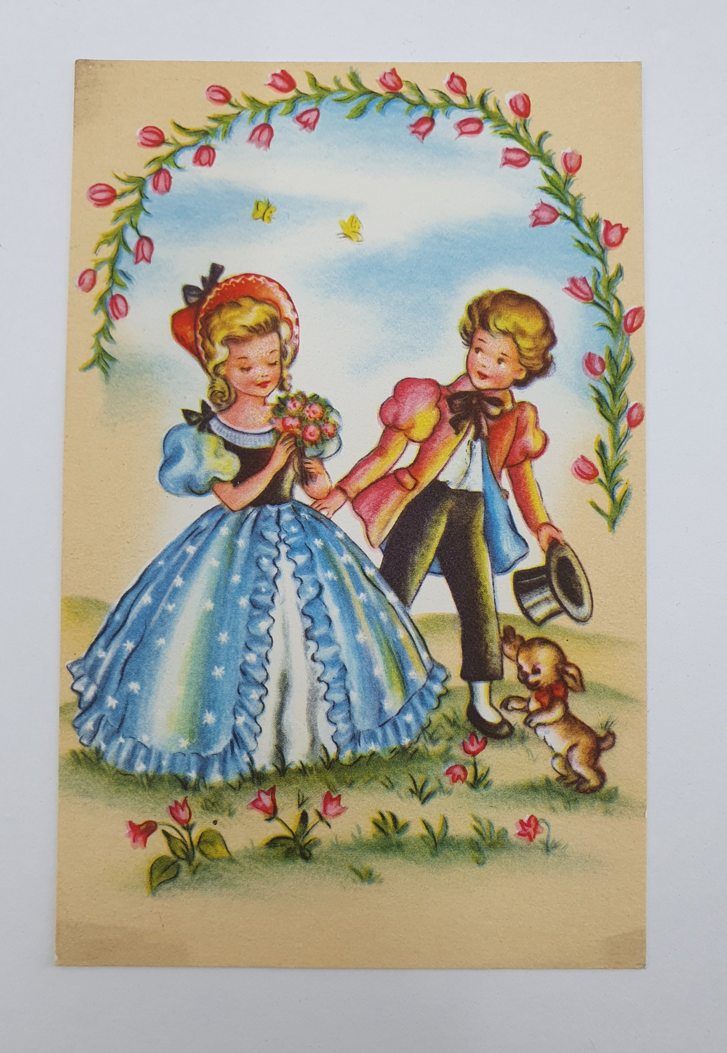 Unused postcard from the 50s, girl and boy, four different ones
