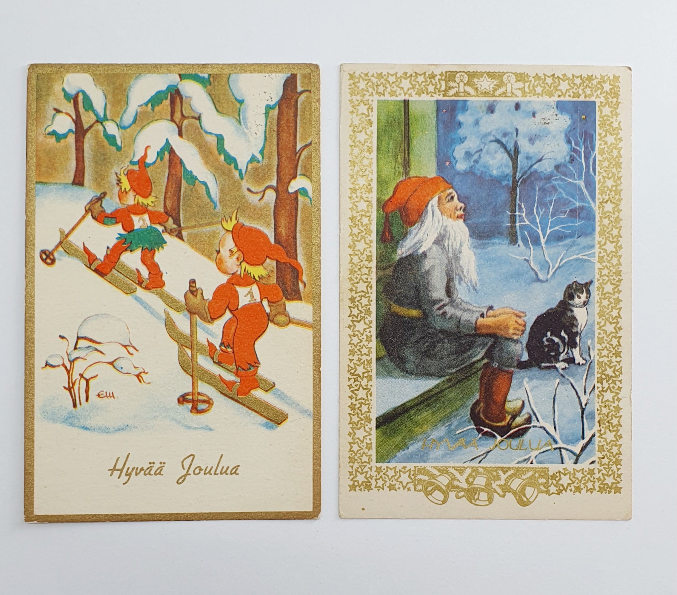 Elf-themed Christmas cards from the 1950s, 2 pcs