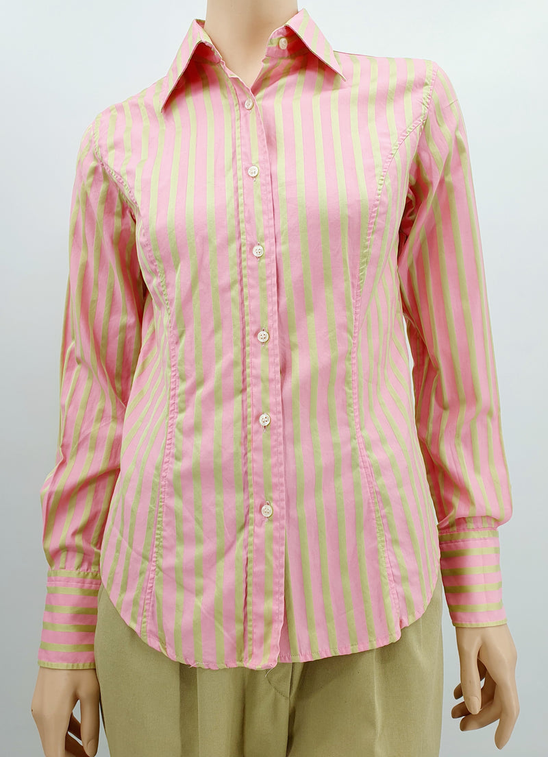 Naisten slimfit kauluspaita 2000-luvulta, väri vaaleanpunainen/beige raita