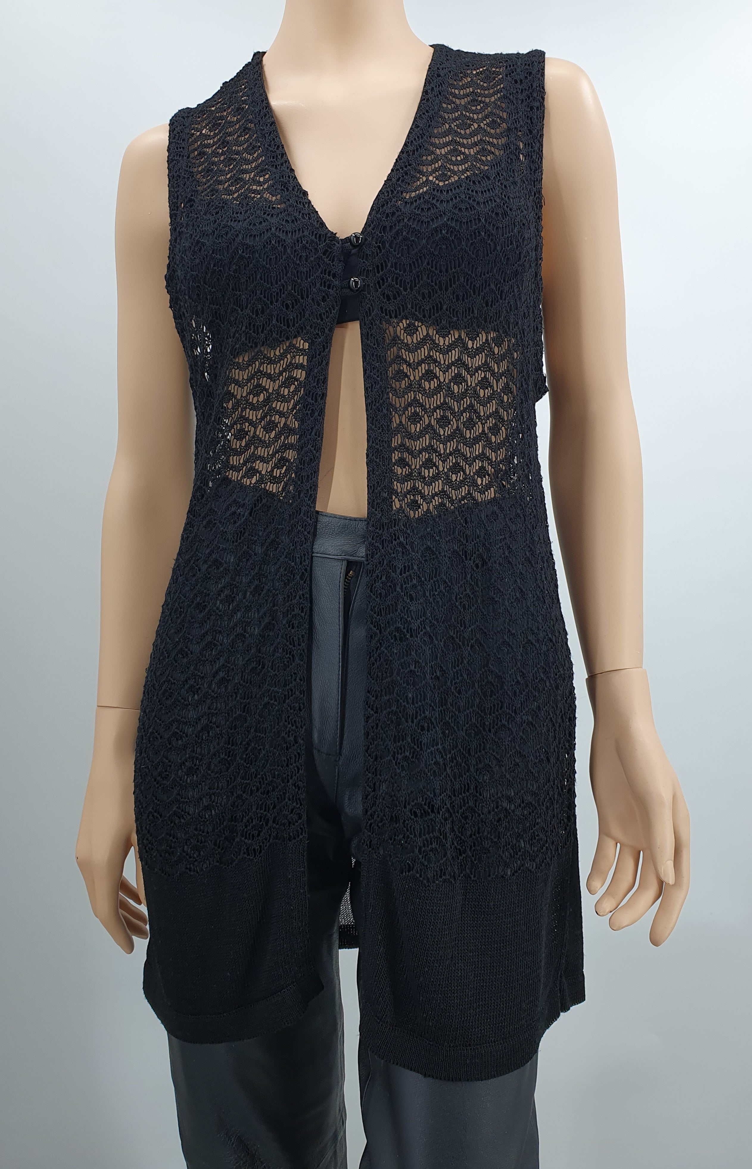 Carrie, long black lace-patterned knitted vest from the 90s, size 36-38
