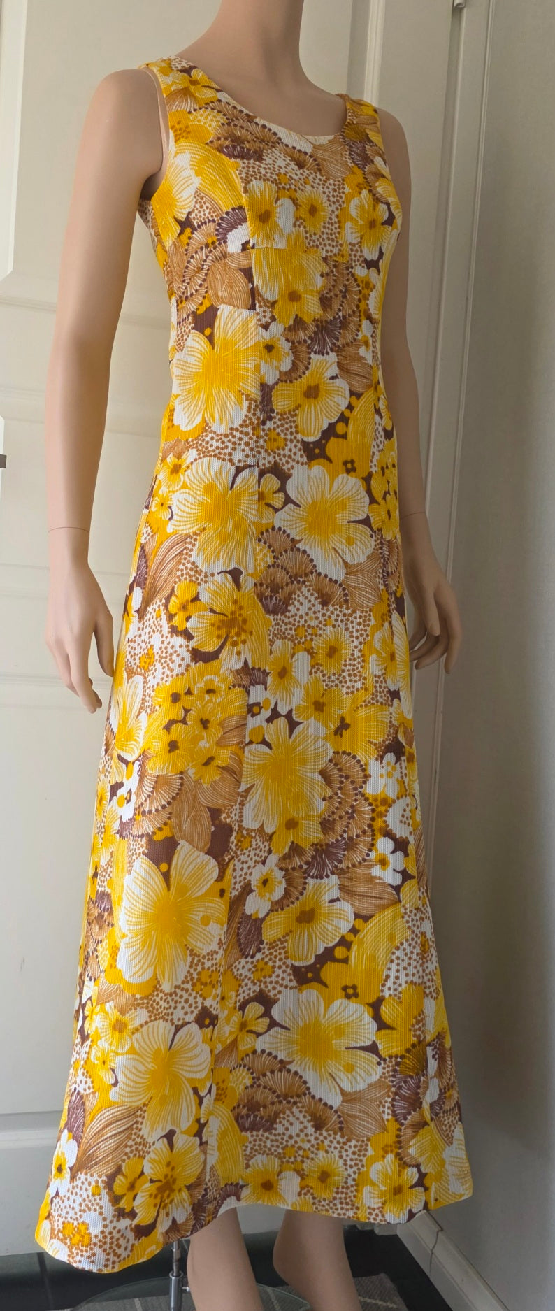 Yellow floral maxi vest dress from the 60s-70s, size 34-36
