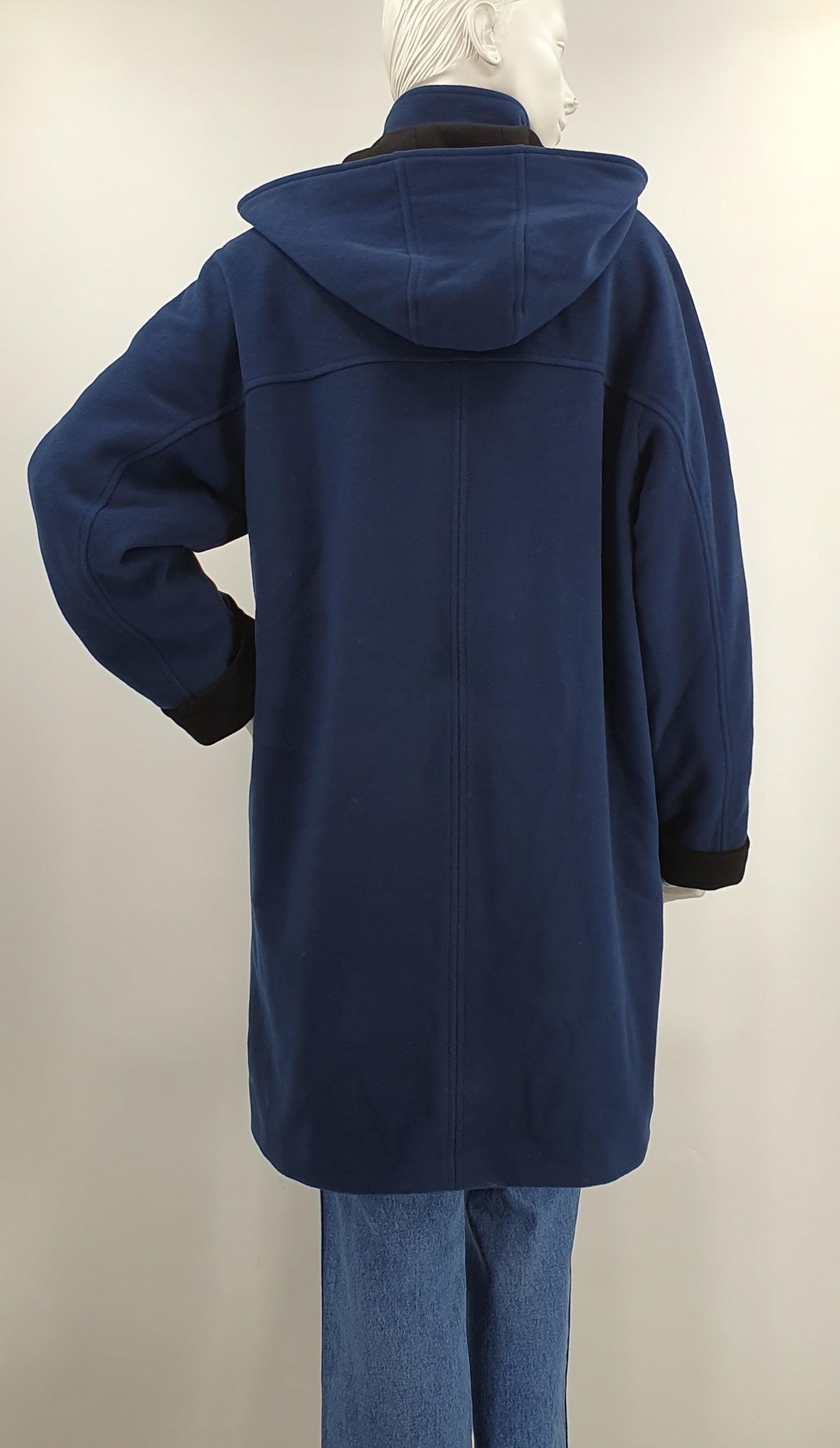 Noora, tummansininen, hupullinen villakangastakki 90-luvulta, koko 40-42