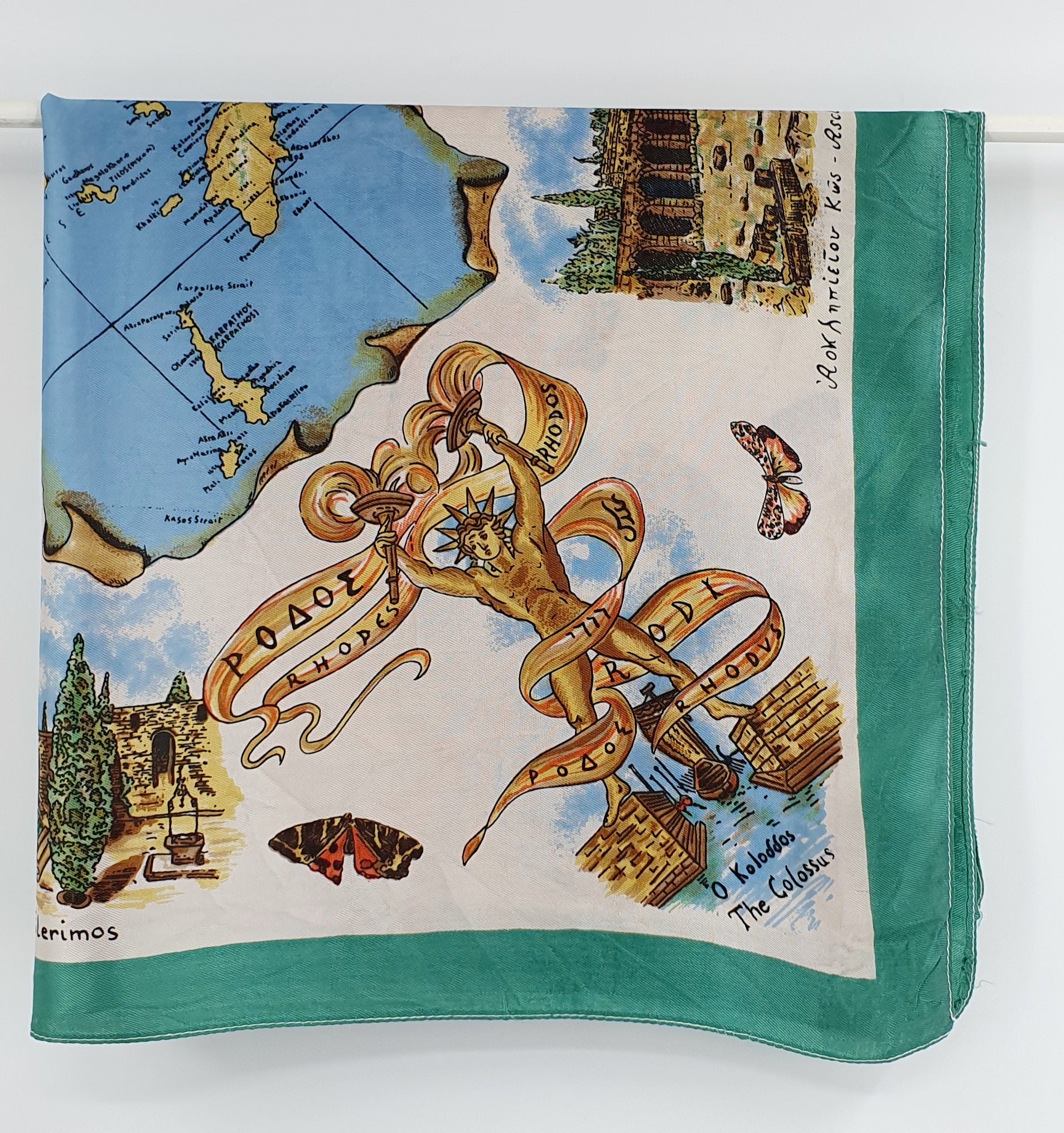 Rhodos-aiheinen huivi 80-90-luvulta, koko 65x65cm