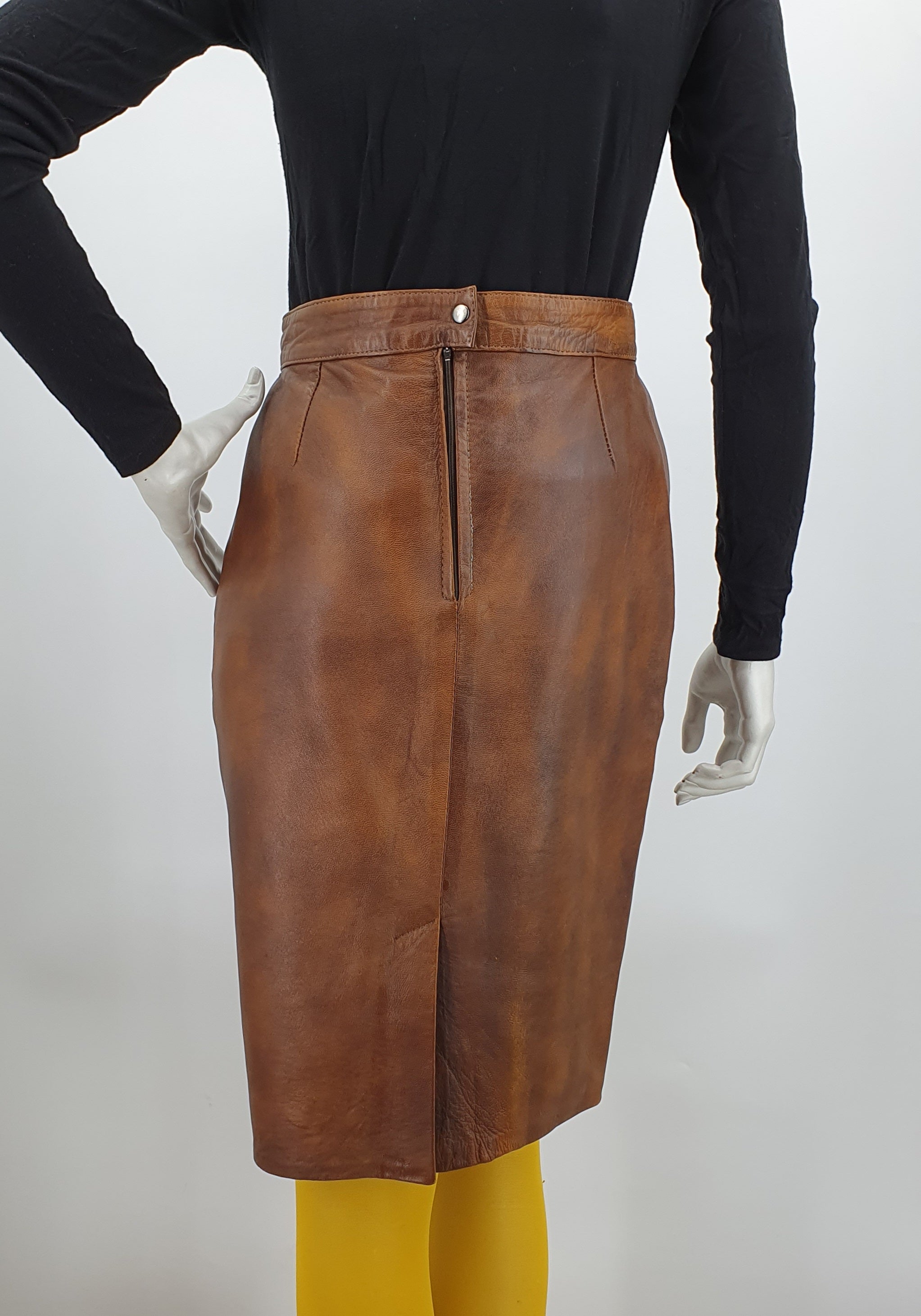 Cognac brown narrow leather skirt, size 34