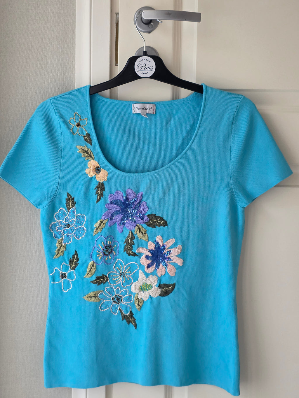 Pierre Cavallo, blue summer shirt with floral embroidery, from the 90s, size 38-40-42