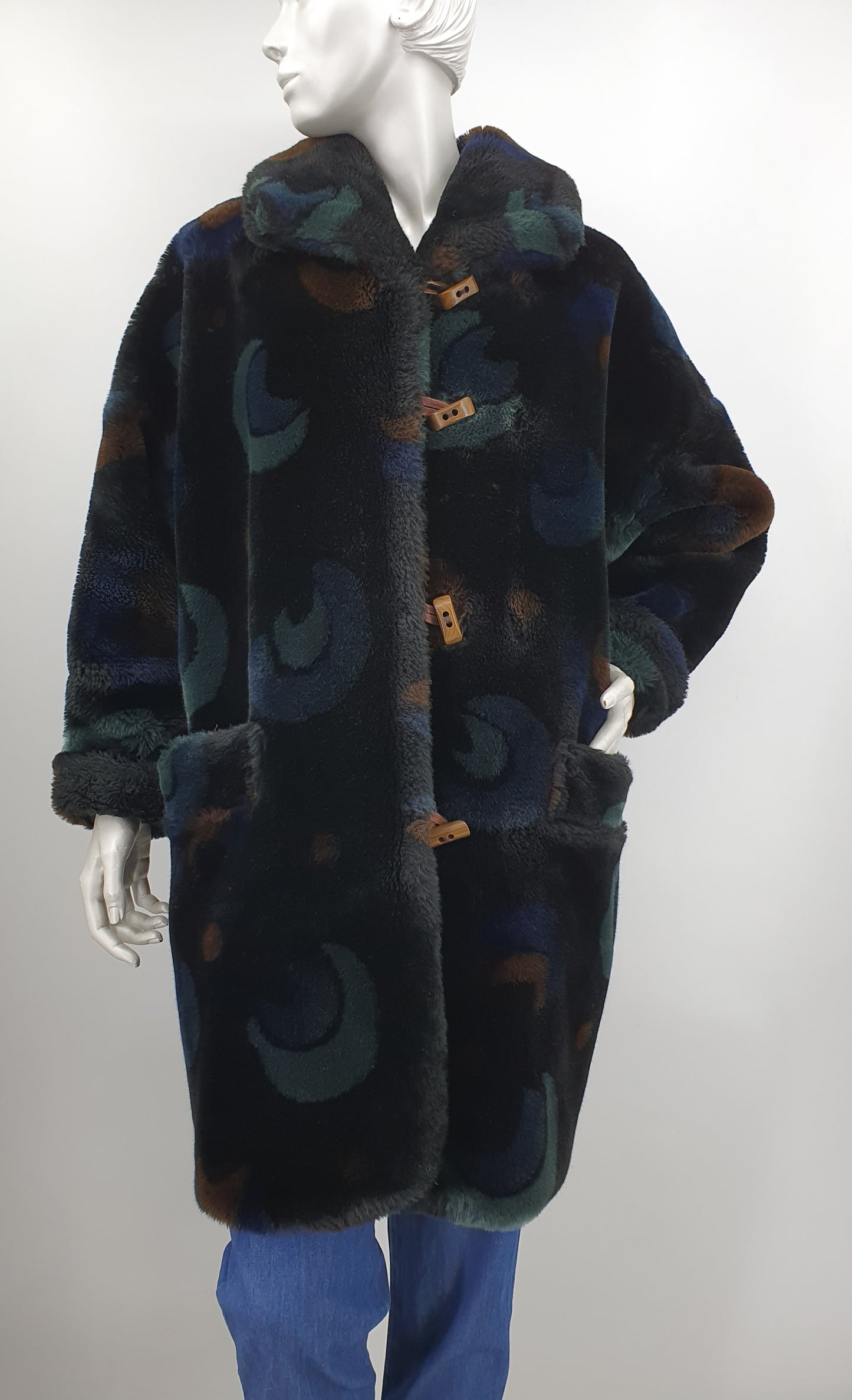 Skila, dark patterned faux fur coat from the 90s, size 40-42-(44)