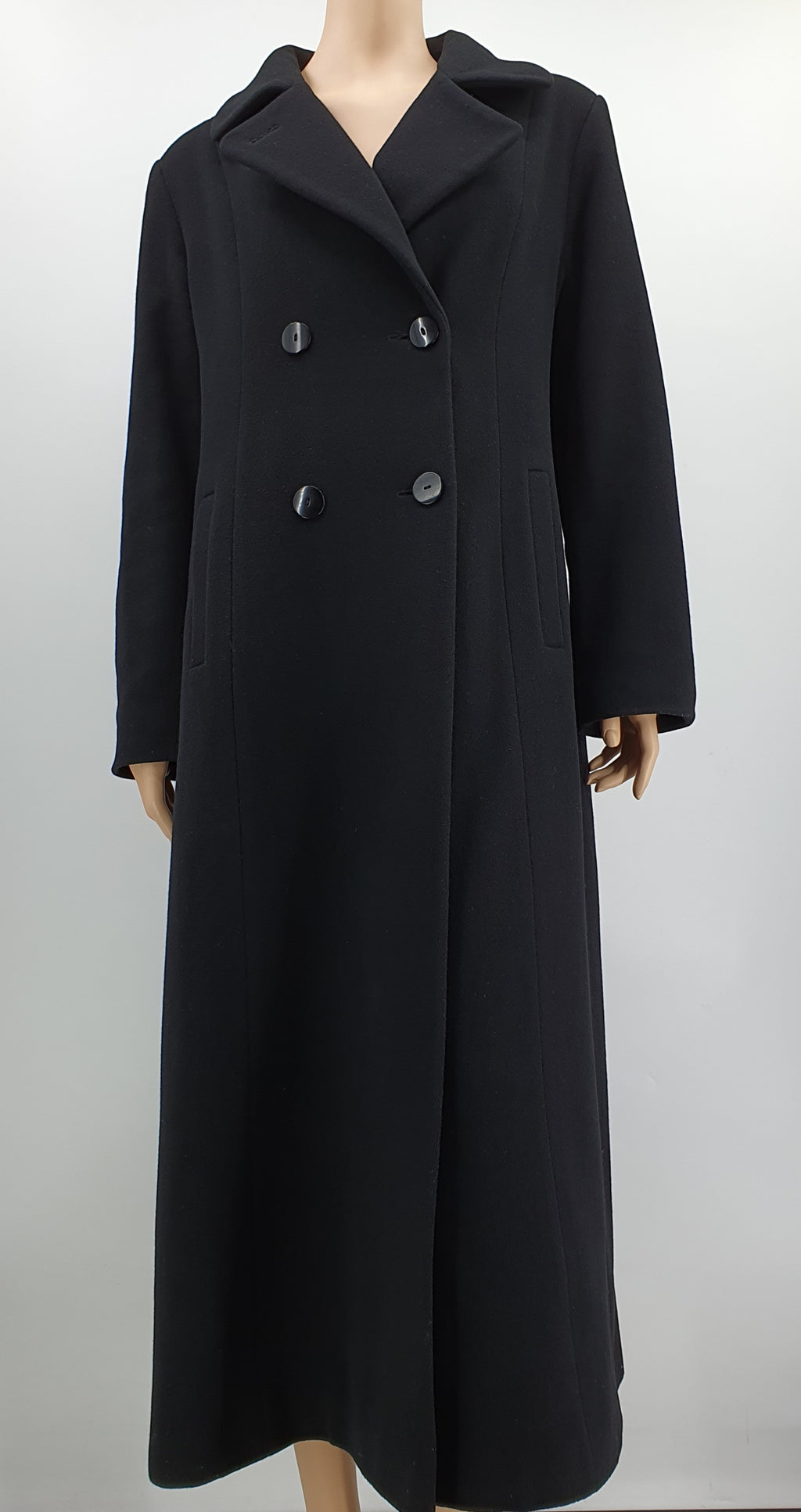 Finn-Flare, pitkä musta villakangastakki 90-luvulta, koko 42