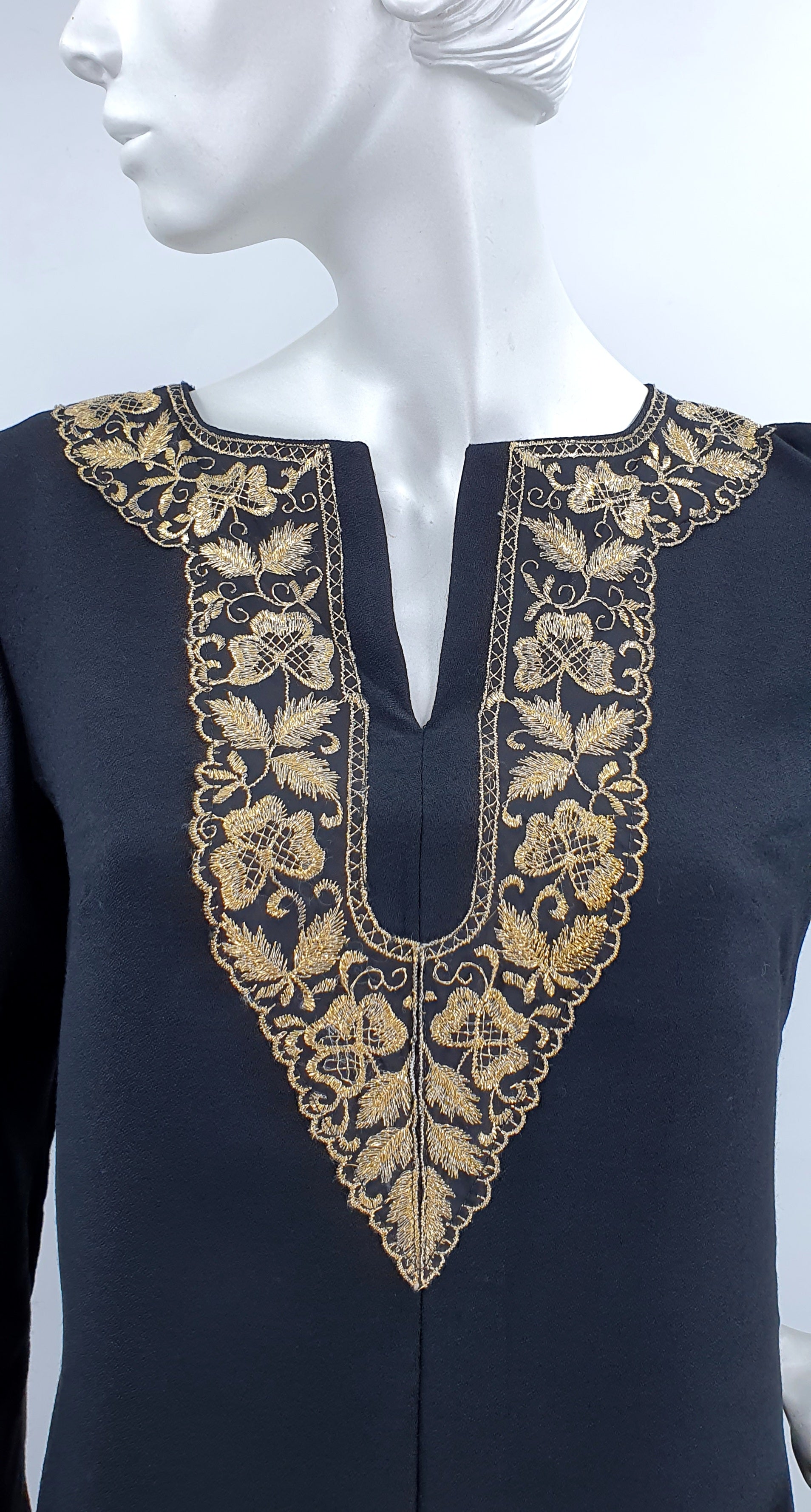 Martinette, black party dress with gold embroidery, 60s-70s, size 36/38