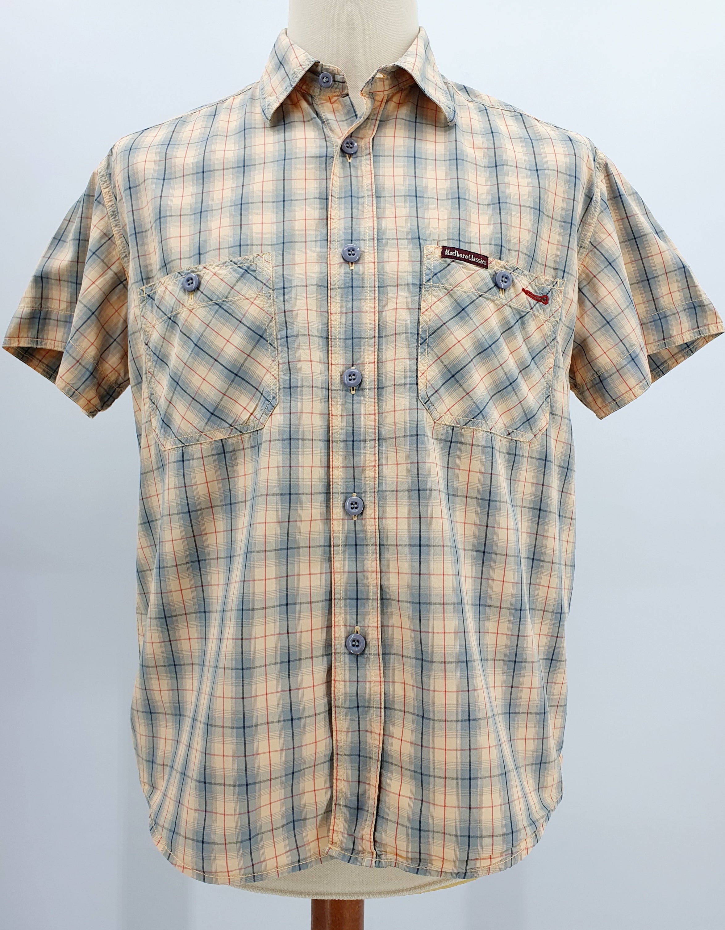Marlboro Classics, lyhythihainen miesten kauluspaita ruutukuviolla, väritys vaaleankeltainen-harmaanvihreä
