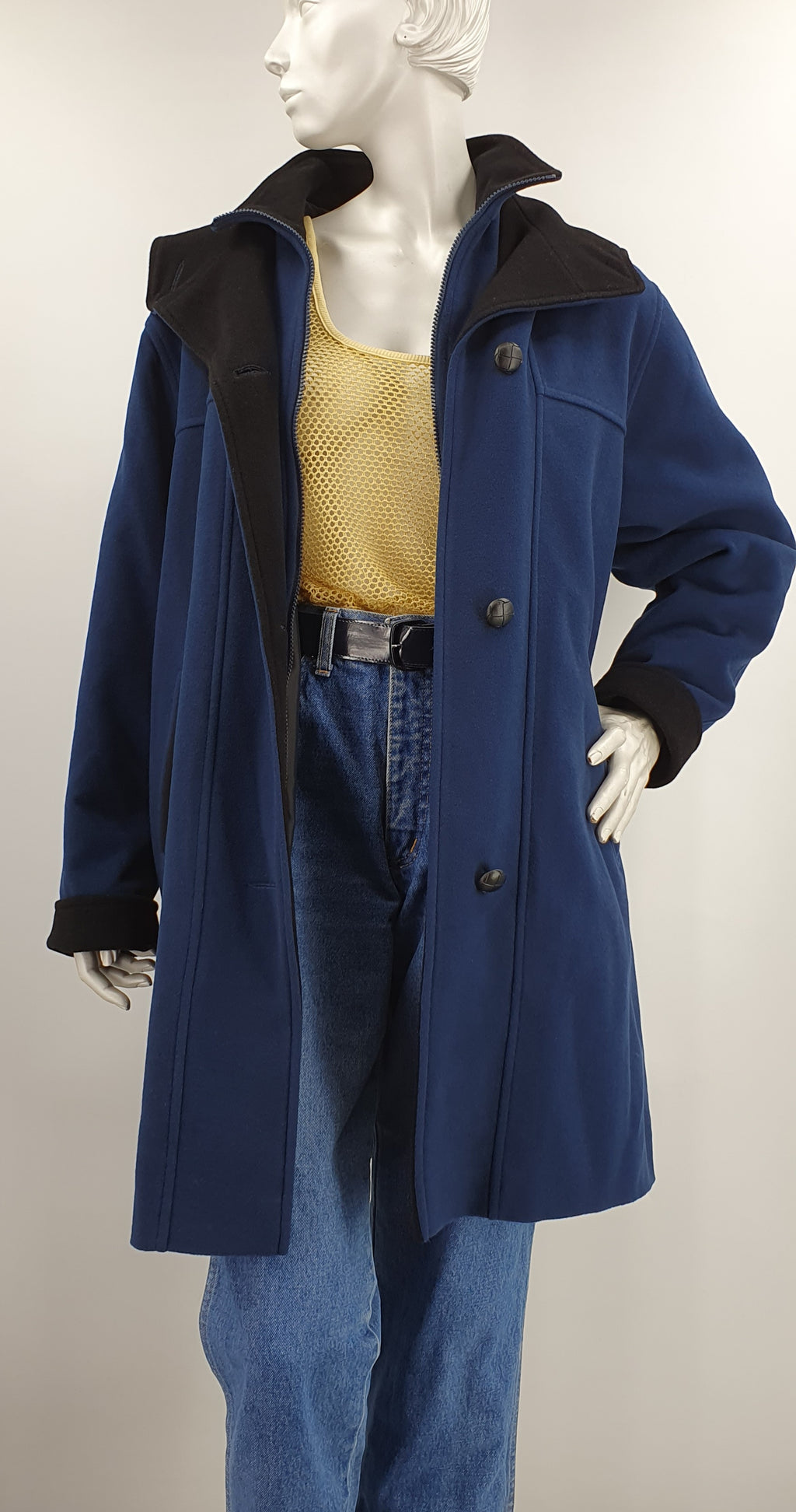Noora, dark blue, hooded woolen jacket from the 90s, size 40-42