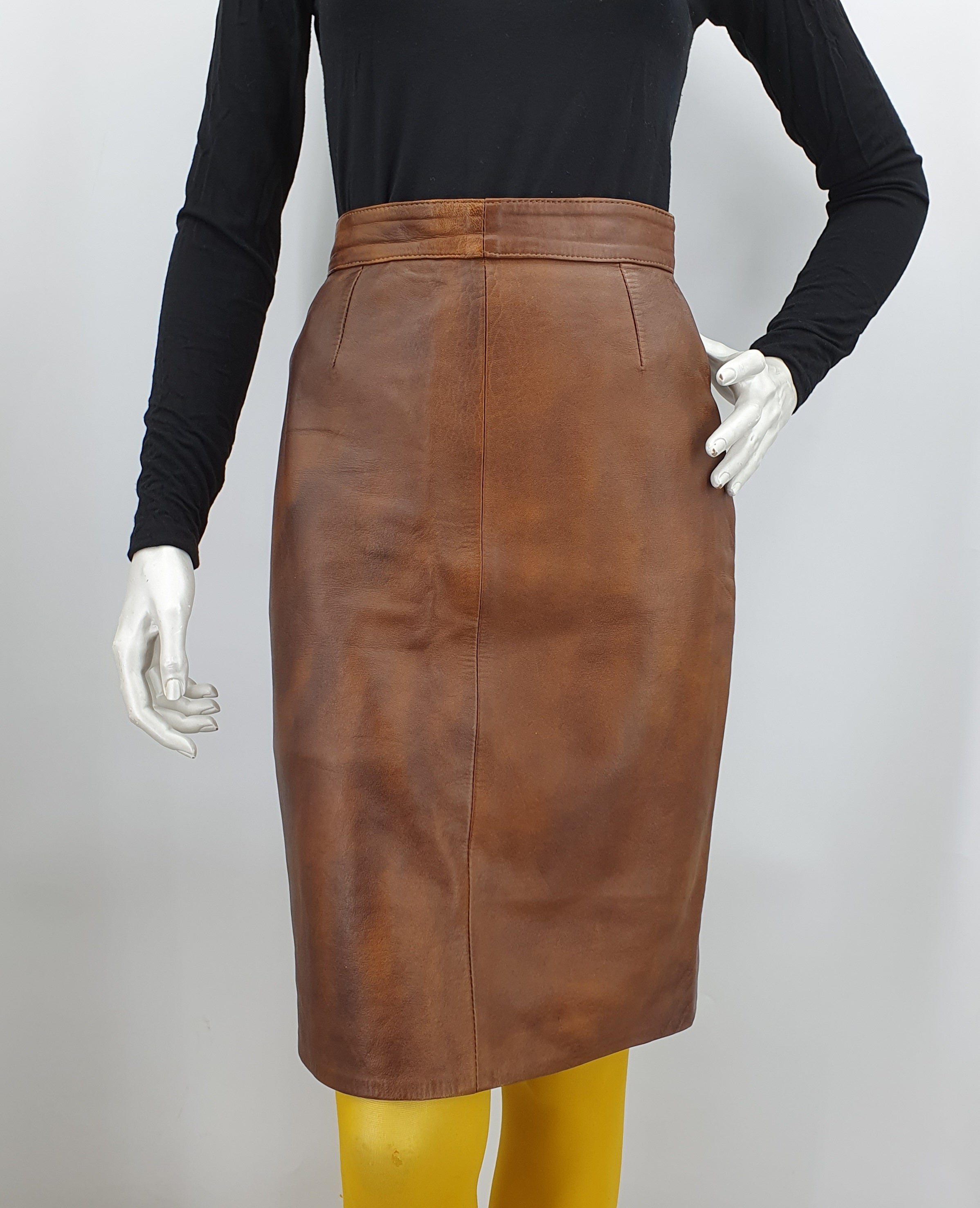 Cognac brown narrow leather skirt, size 34