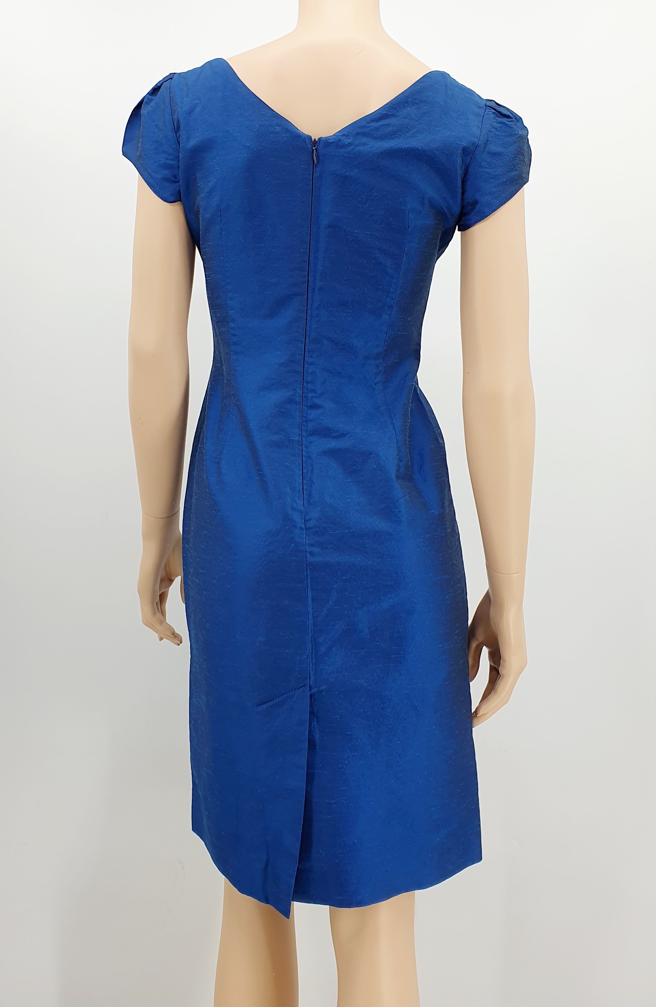 Tazzia, suomalainen juhlamekko 90-luvulta, väri tummansininen, kuva selkäpuolelta