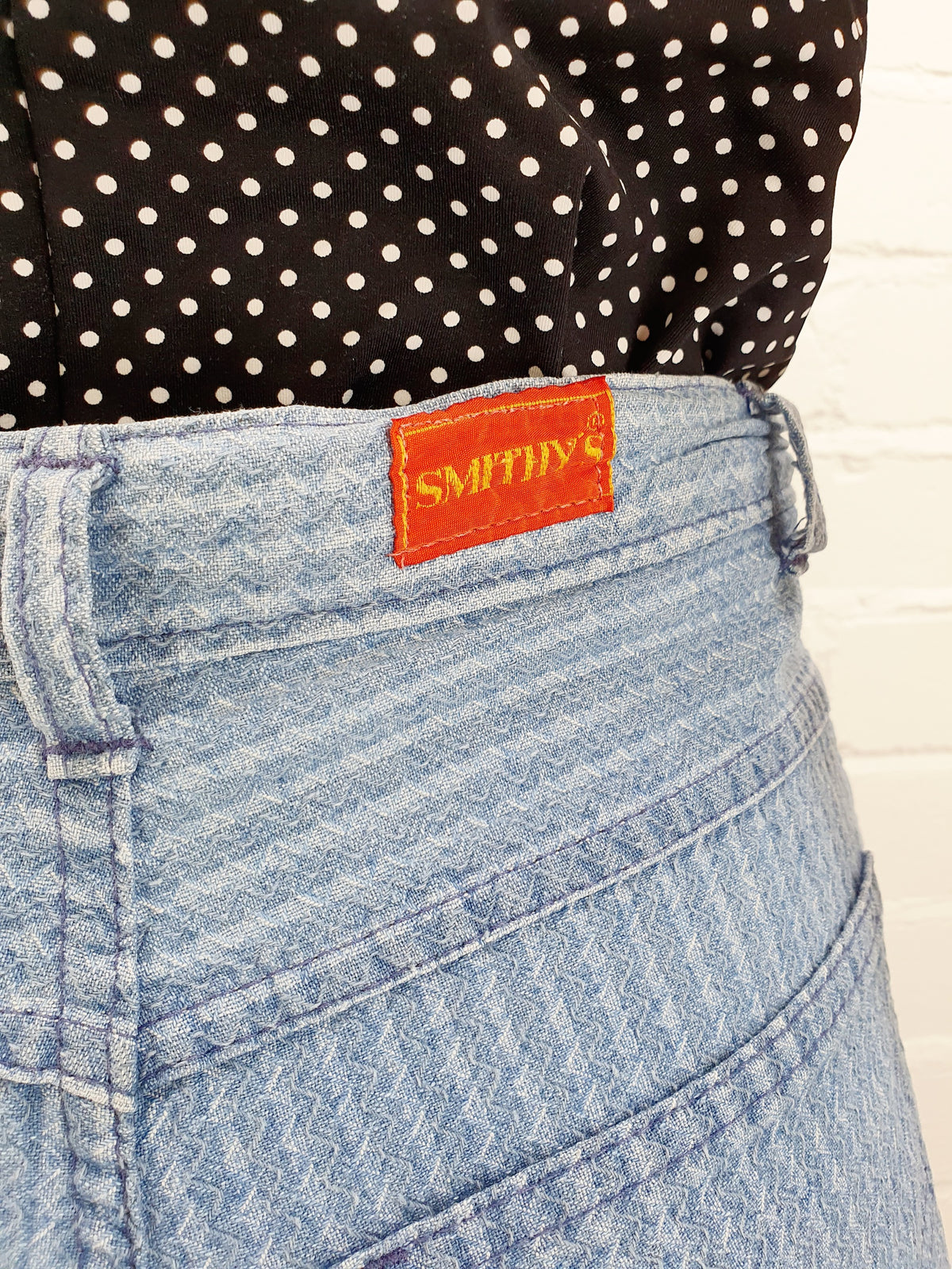 Smithy´s, vaaleansiniset puuvillahousut 80-luku, vintagehousut, kuva logosta