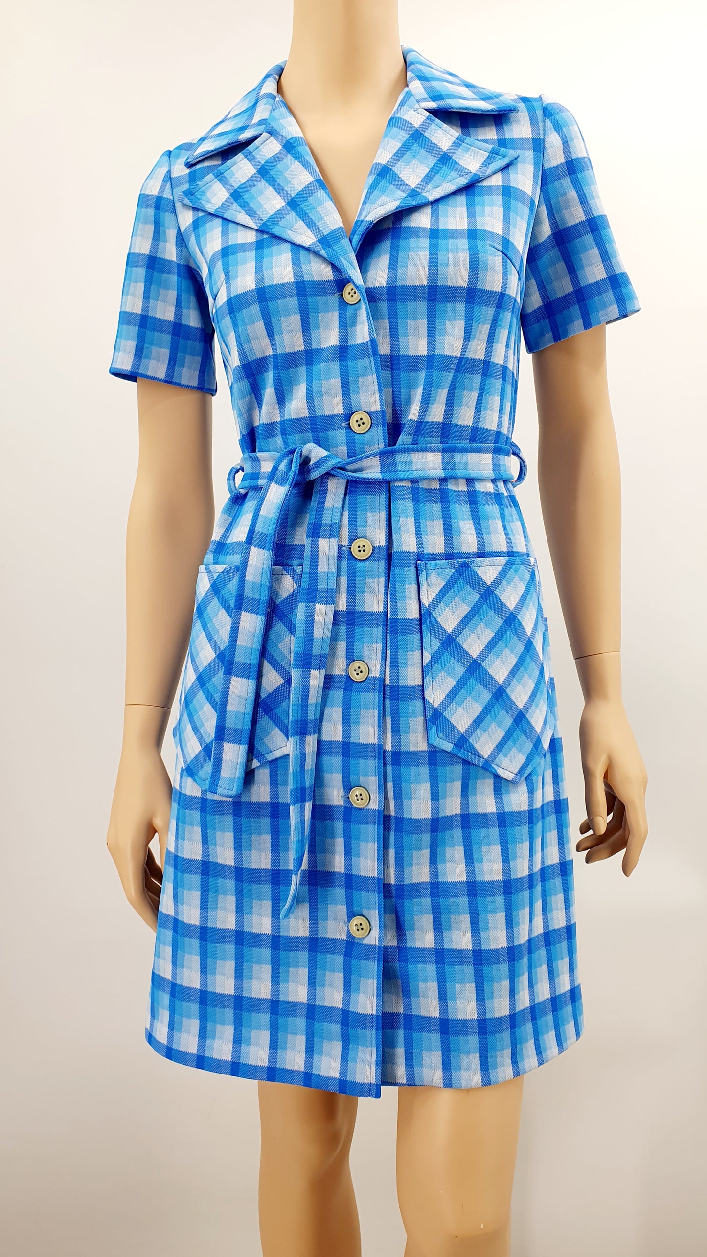 Finnruska, blue checked short dress from the 70s, size 34-36