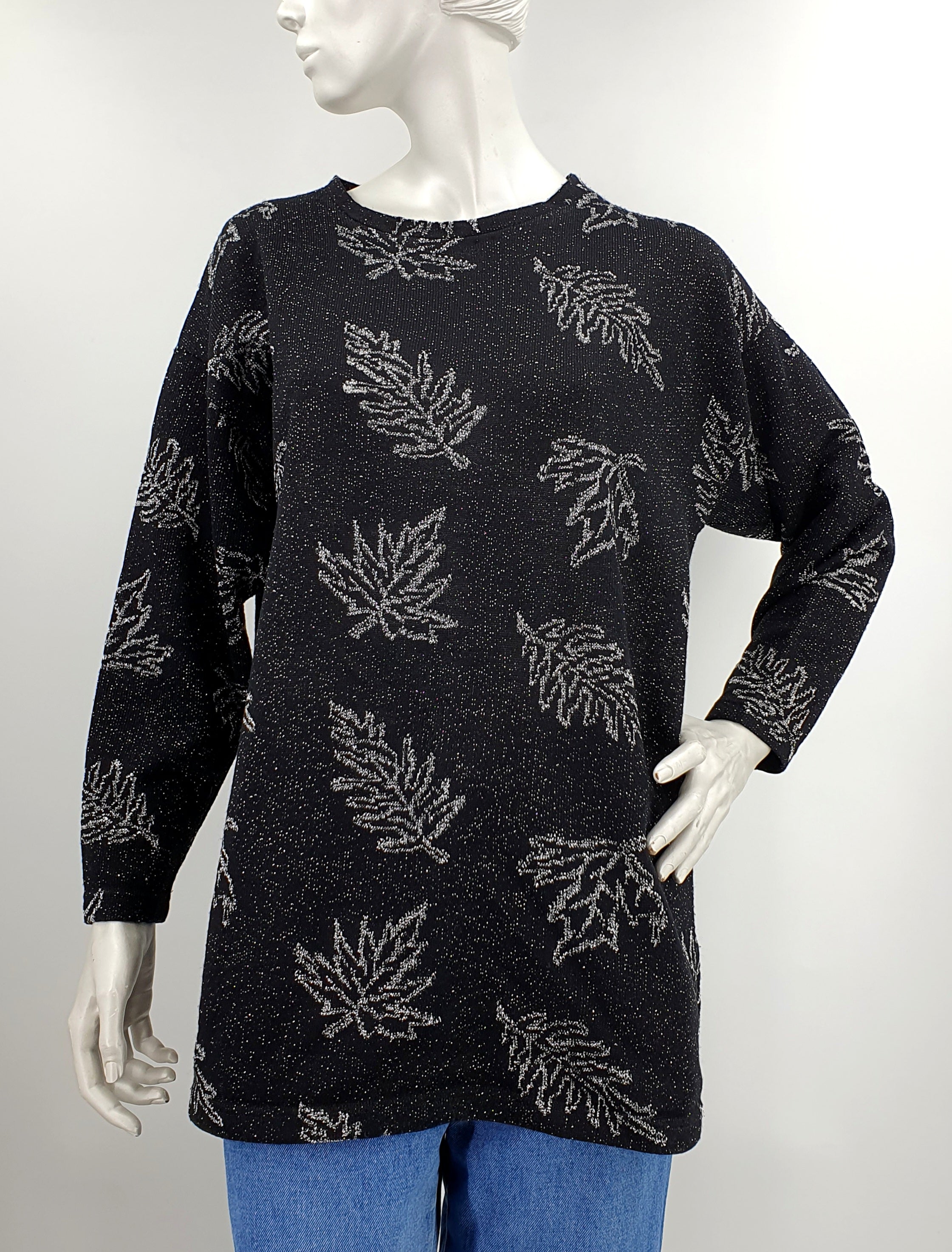 Arlene, black sweater with silver patterns from the 80s-90s, size 38/40