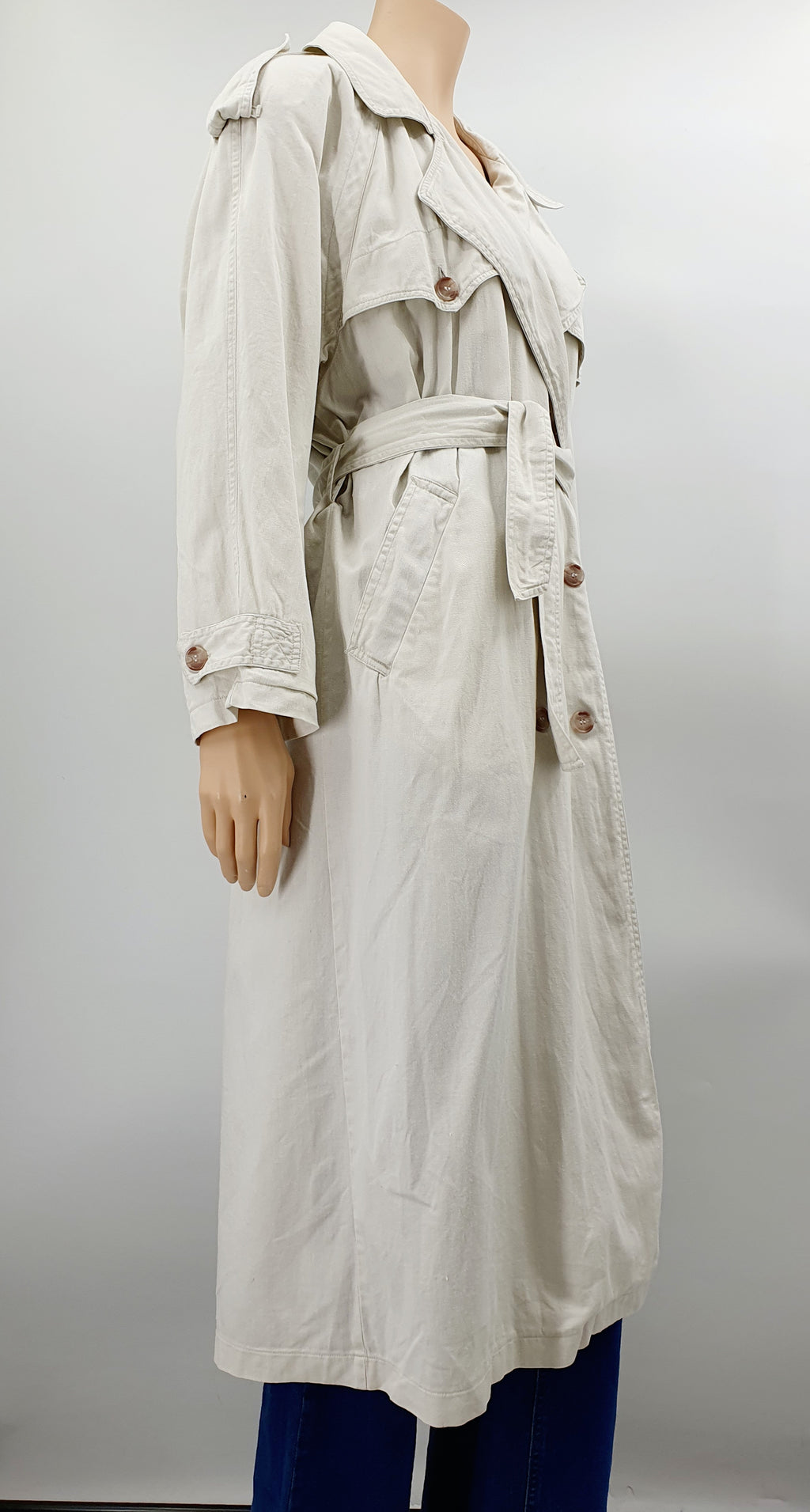 New Basics, long light-colored trench coat from the 90s, size 42-44