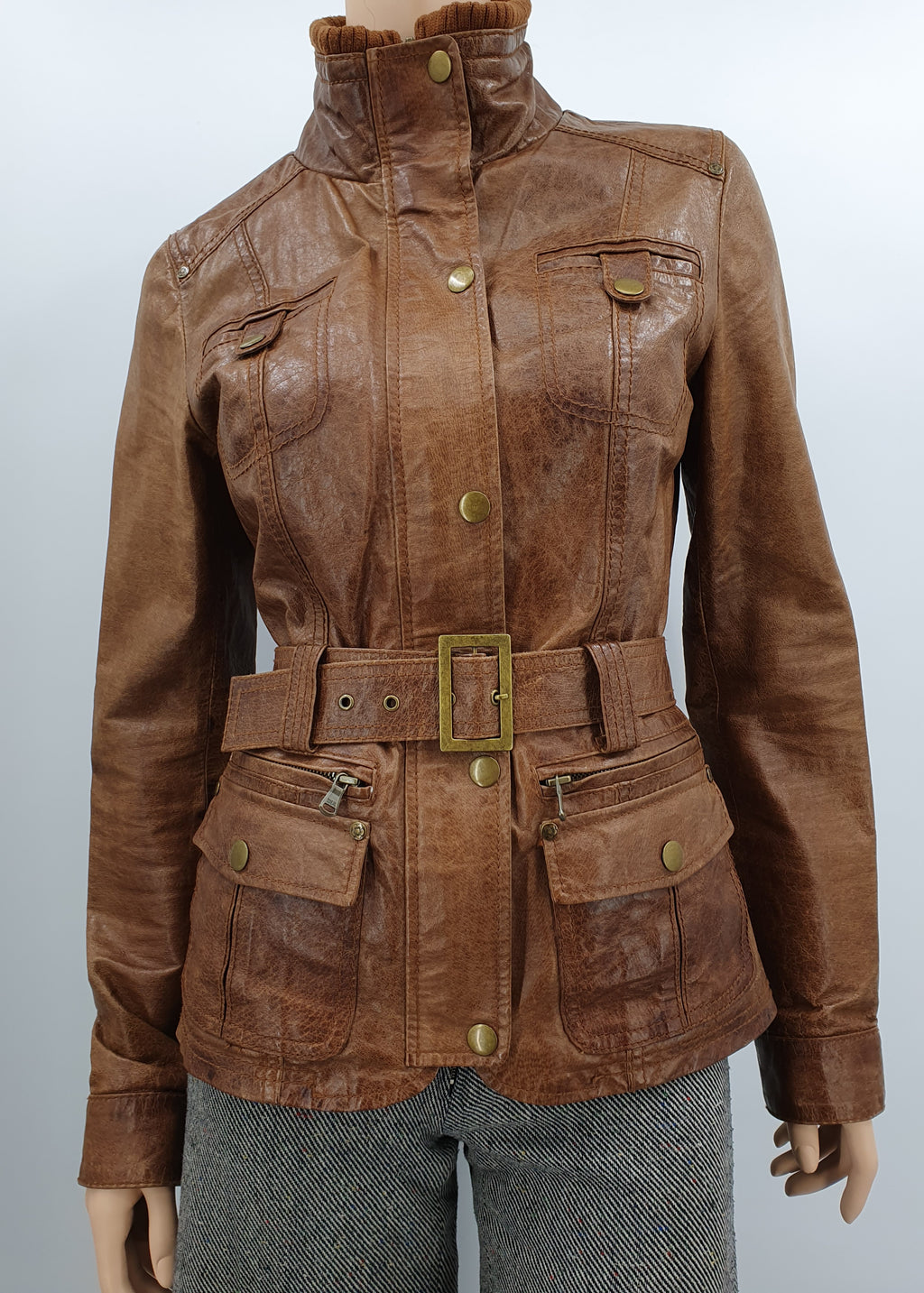 Vennger, women's short Y2K leather jacket, color brown, size 34-36