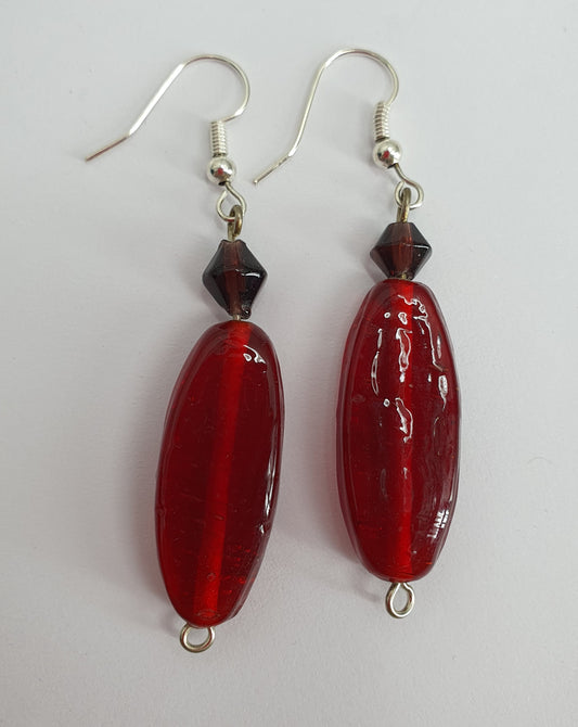 Earrings, red long glass bead