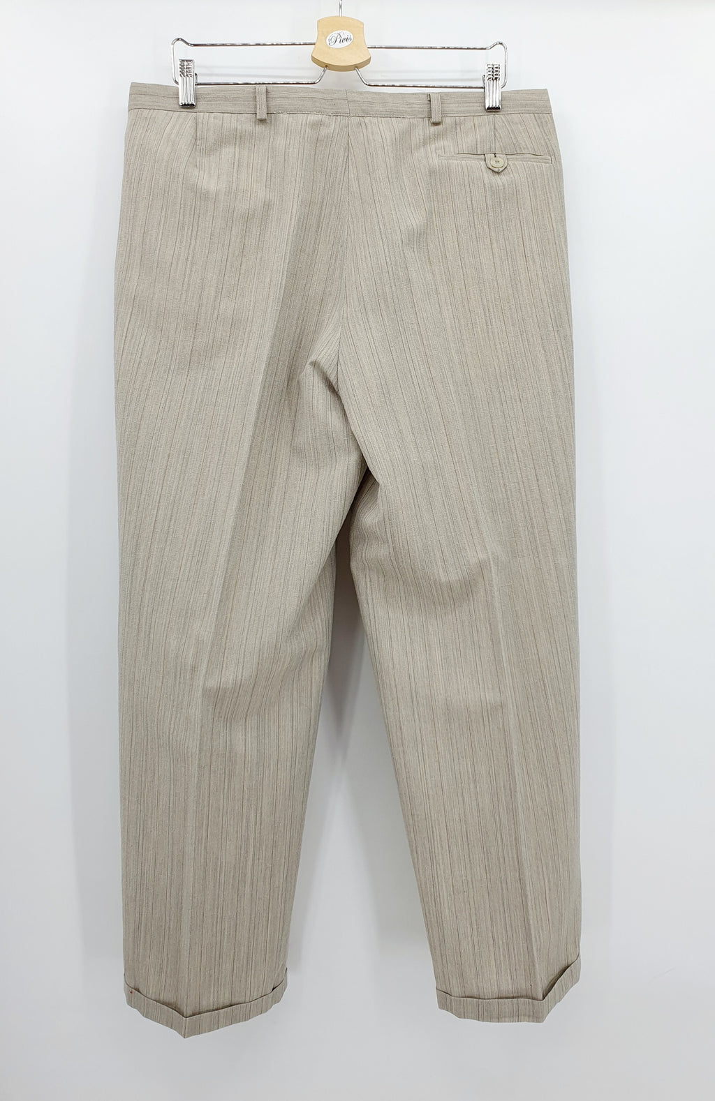 Miesten villasekoitehousut 80-luvulta Väri harmaa raitakuvio Kuva takaa