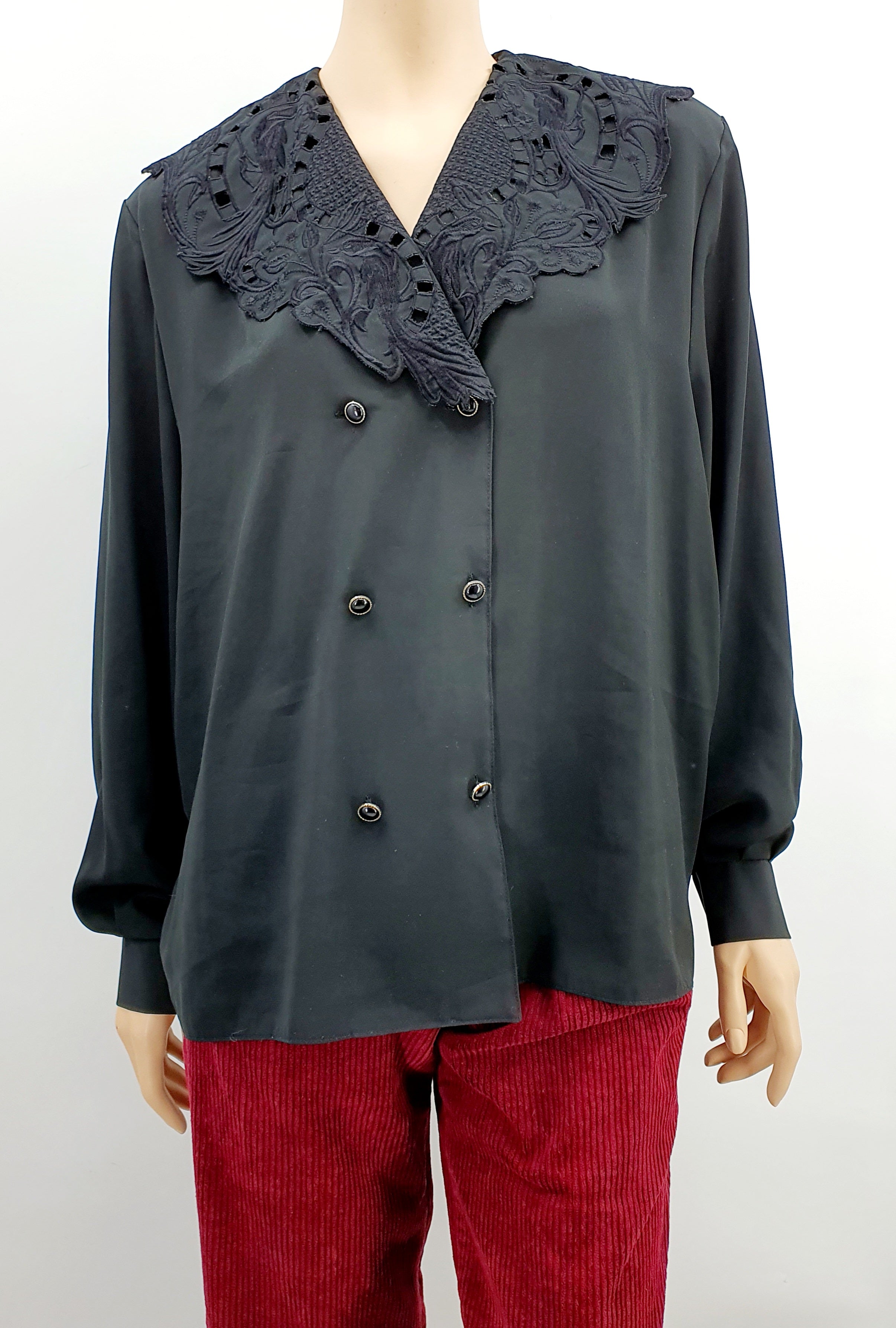 Black embroidered women's shirt from the 90s, size 46