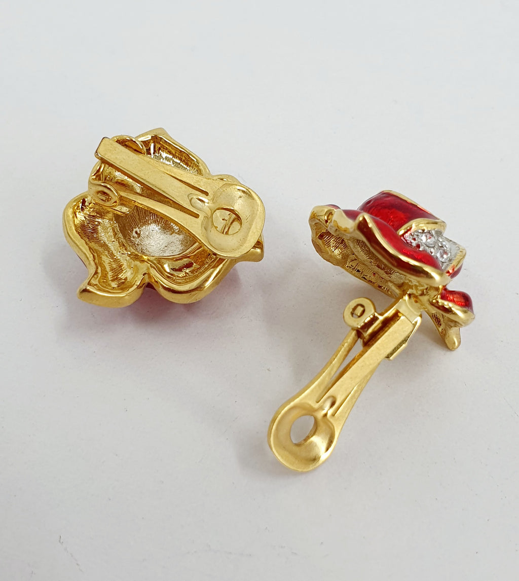 Cabouchon, clip earrings, red rose