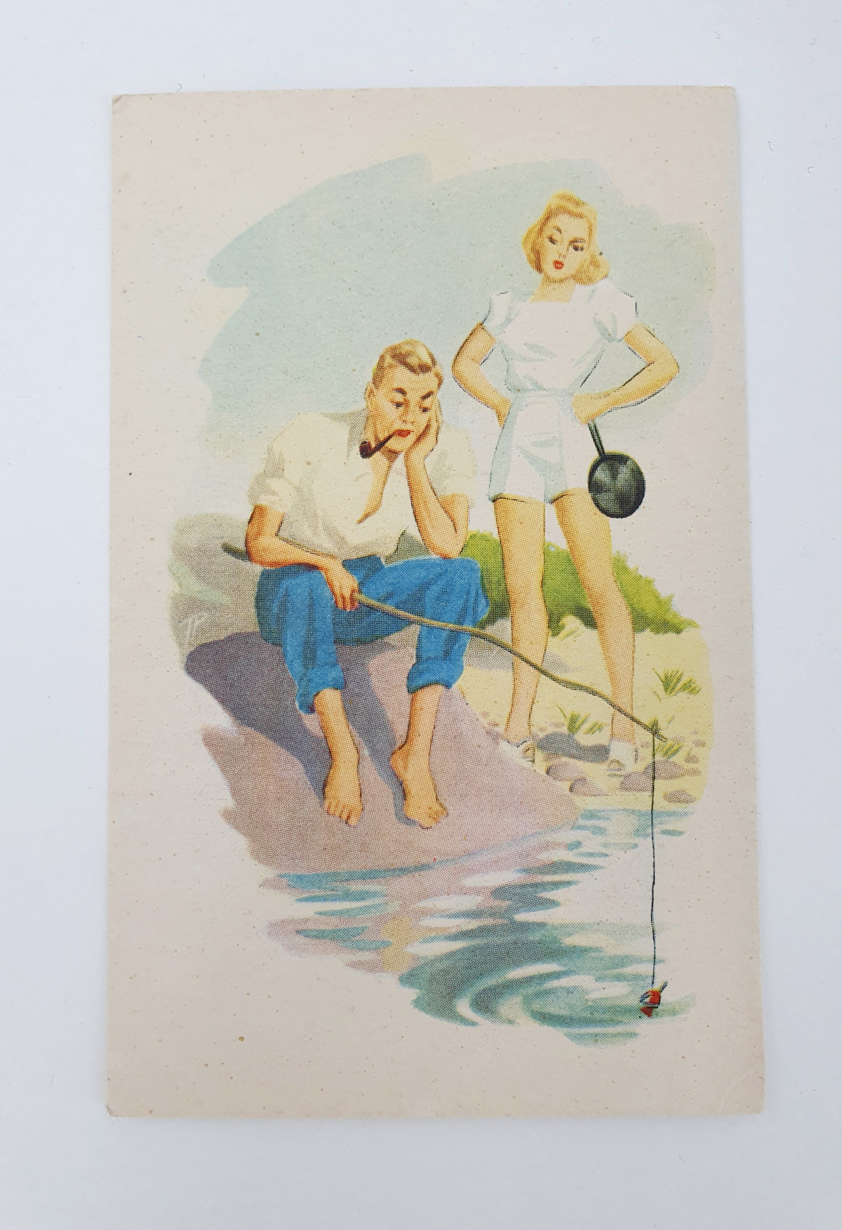 Unused fishing-themed card from the 50s, with a fishing rod/net