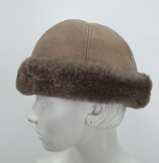 Friitala, winter hat from the 70s, gray-brown leather and sheep wool, 58cm