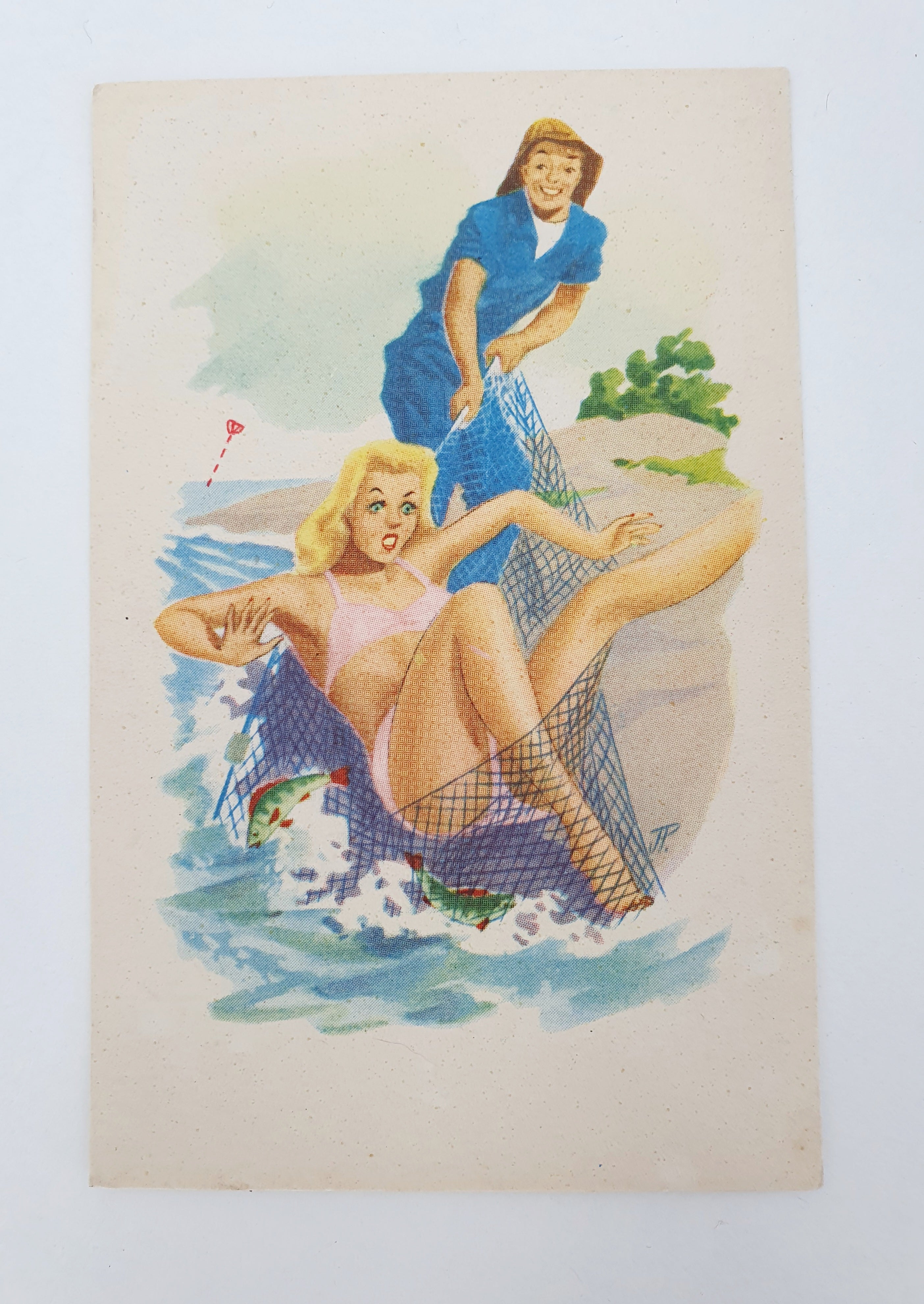 Unused fishing-themed card from the 50s, with a fishing rod/net