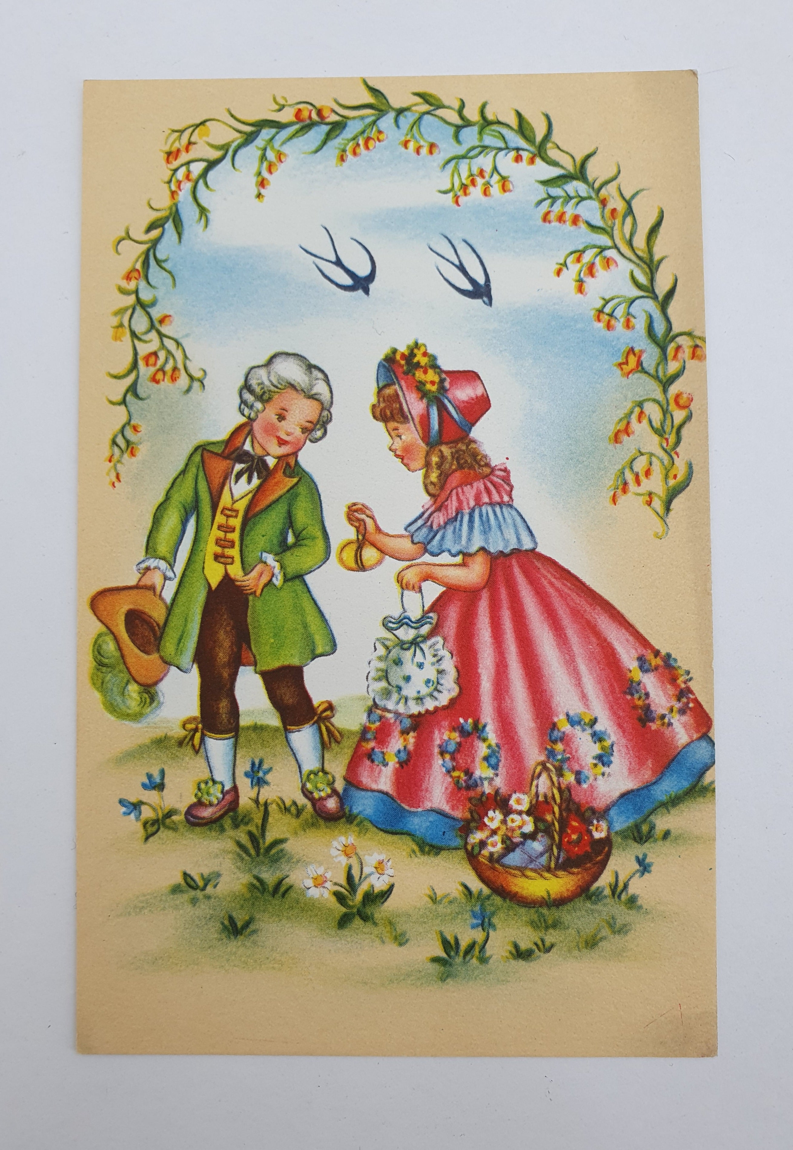 Unused postcard from the 50s, girl and boy, four different ones
