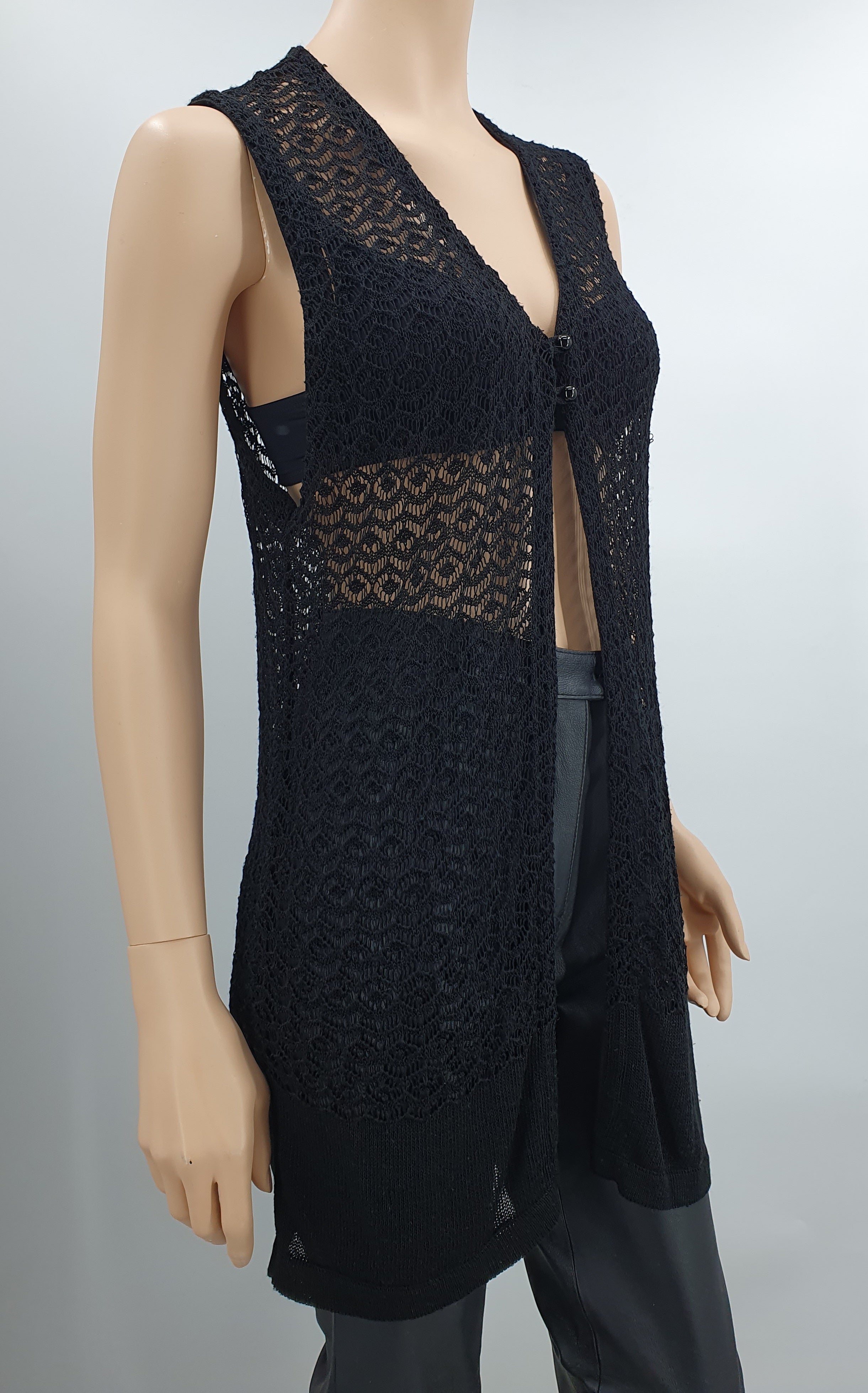 Carrie, long black lace-patterned knitted vest from the 90s, size 36-38