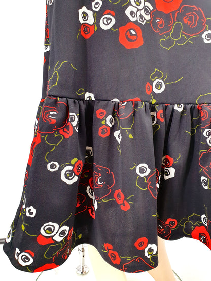 Black floral maxi skirt with frill hem, from the 70s, waist 68cm, size 34