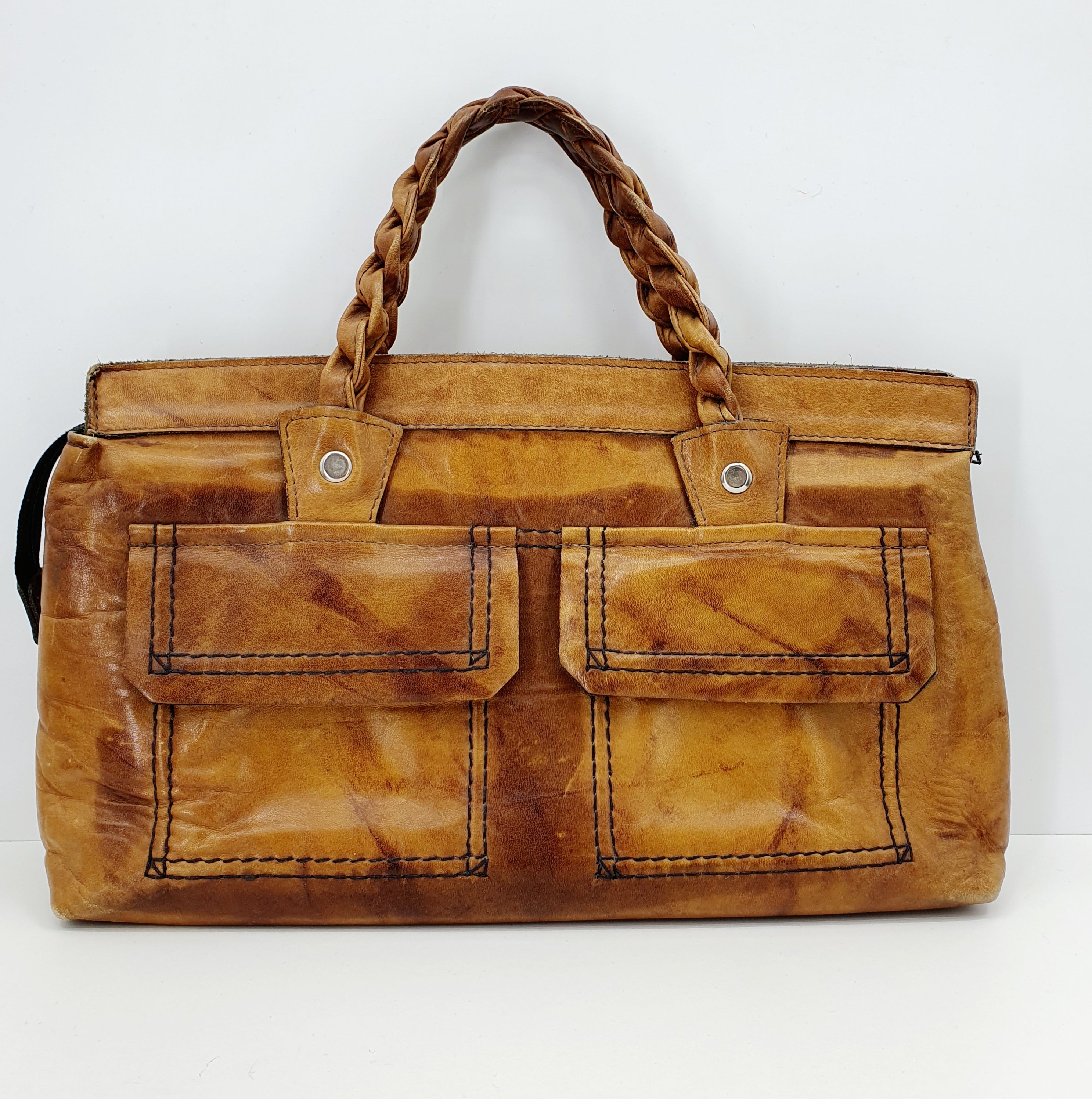 Brown handbag from the 70s, genuine leather, interior renovated