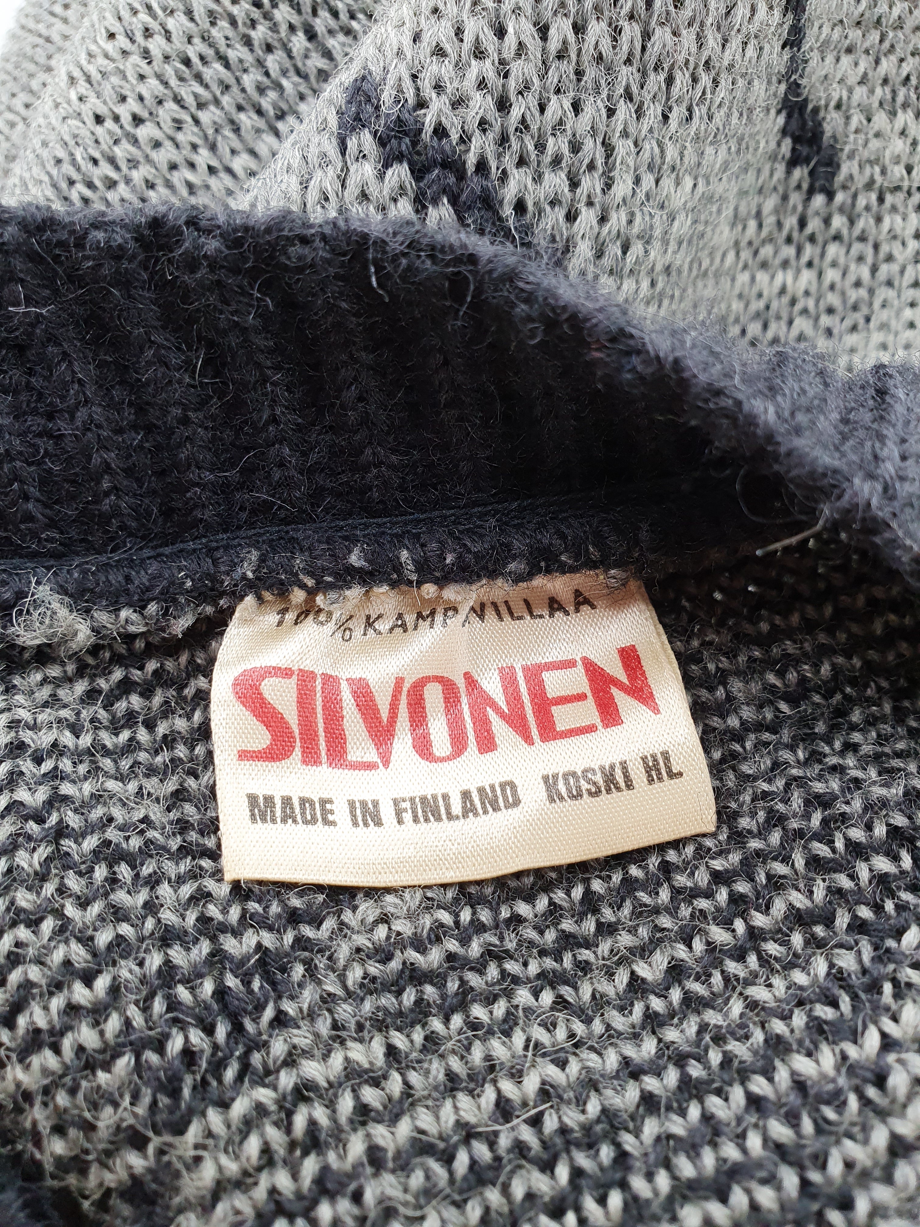 Miesten neuletakki 80-luvulta, musta-harmaa, kaksirivinapitus Kuva tuotelapusta