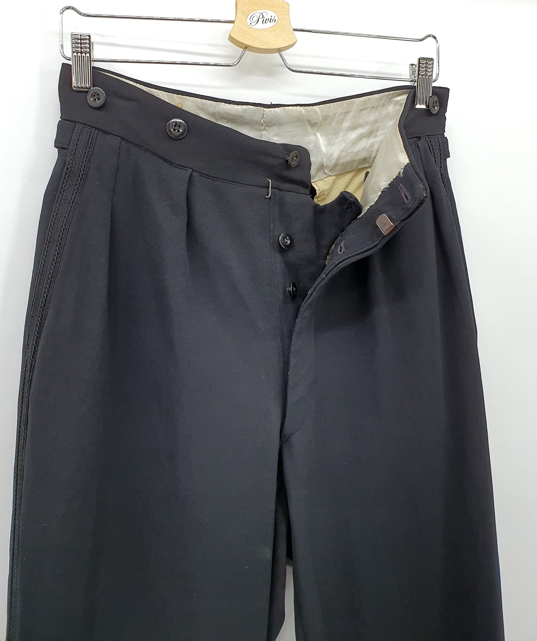 Vintage smokkihousut 1930-40-luvulta, koko XS, kuva vyötäröstä