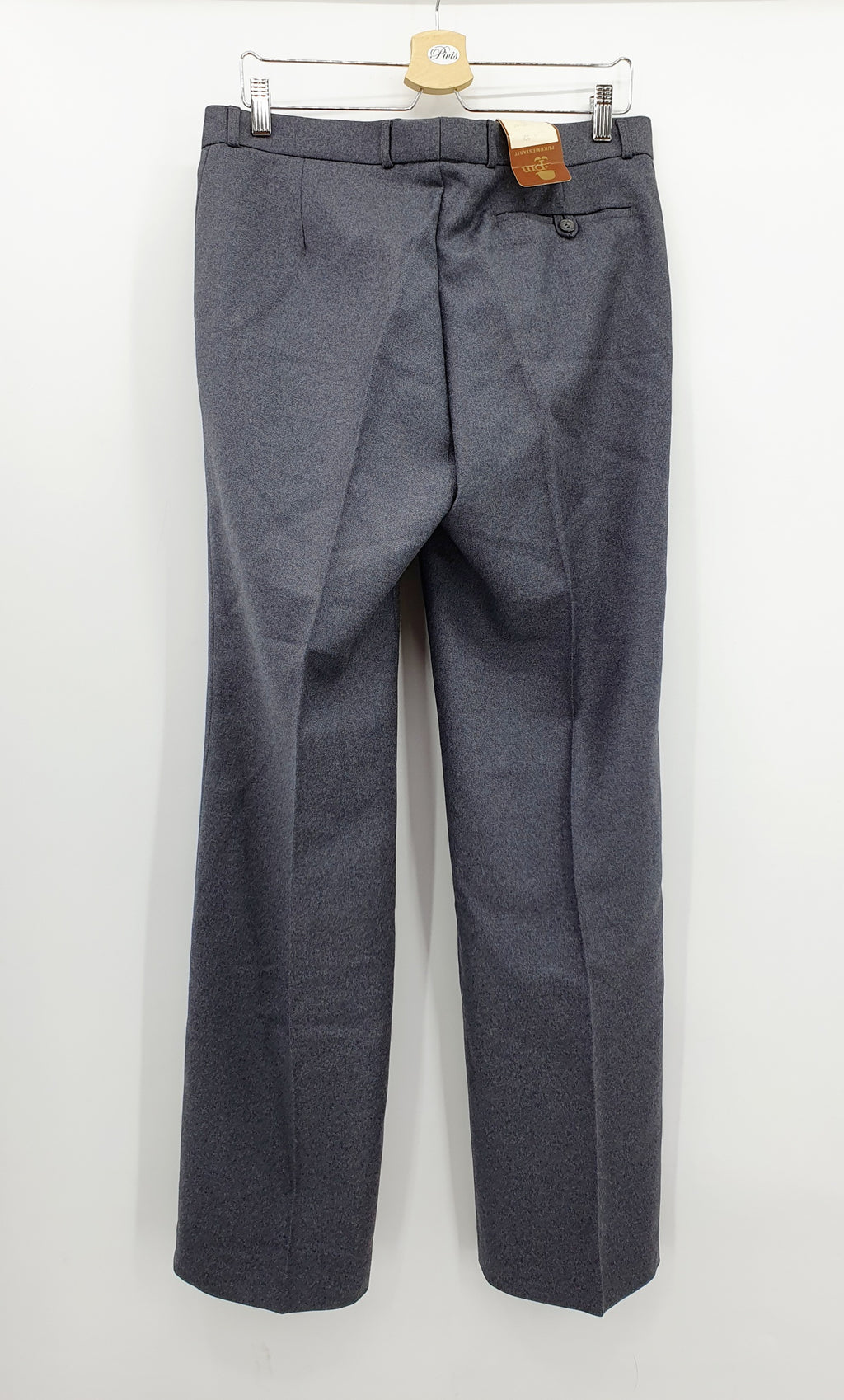 Käyttämättömät miesten villakangashousut 80-luvulta, väri harmaa, kuva takaa