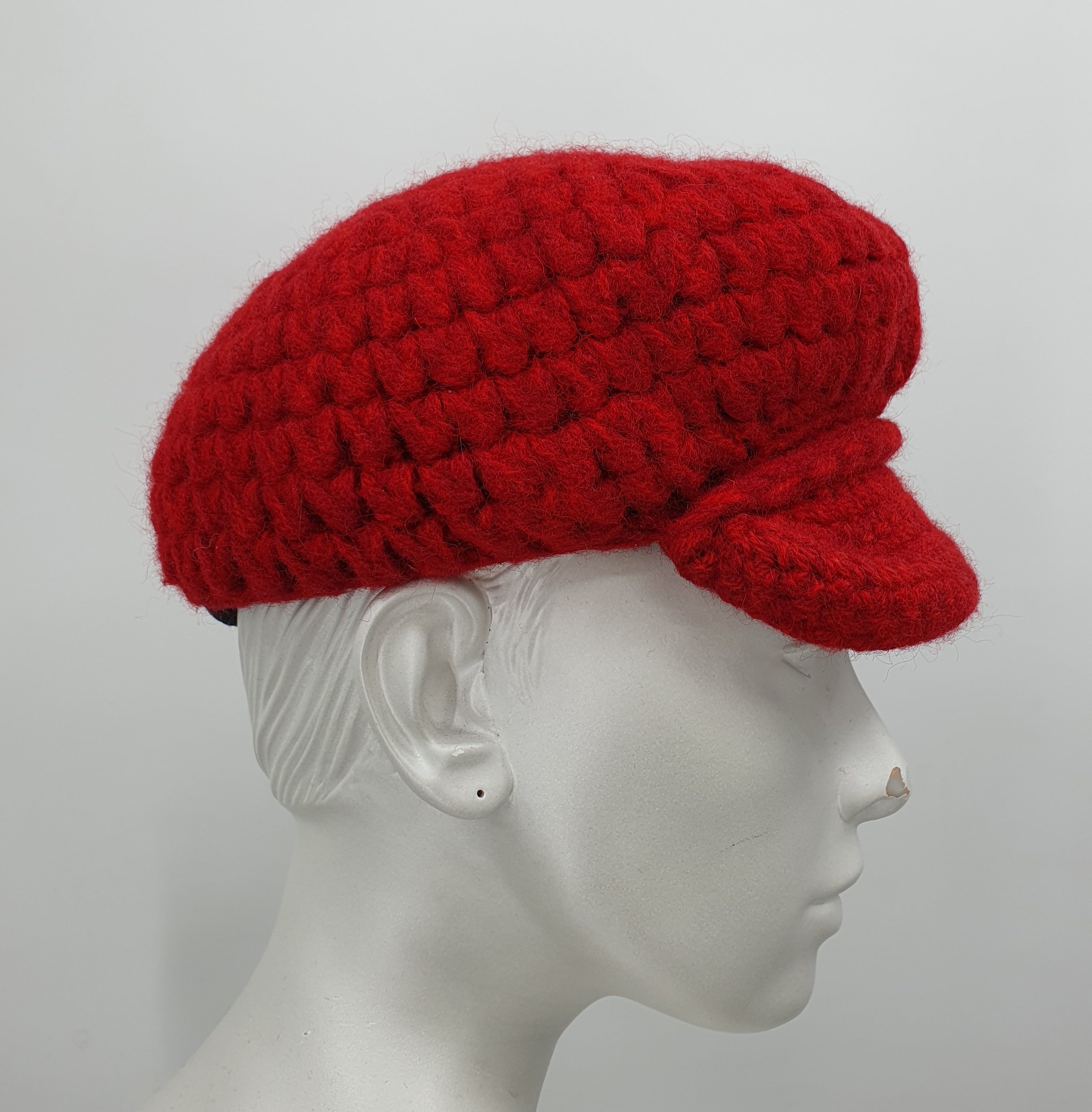 Red crocheted flat cap, size 58cm