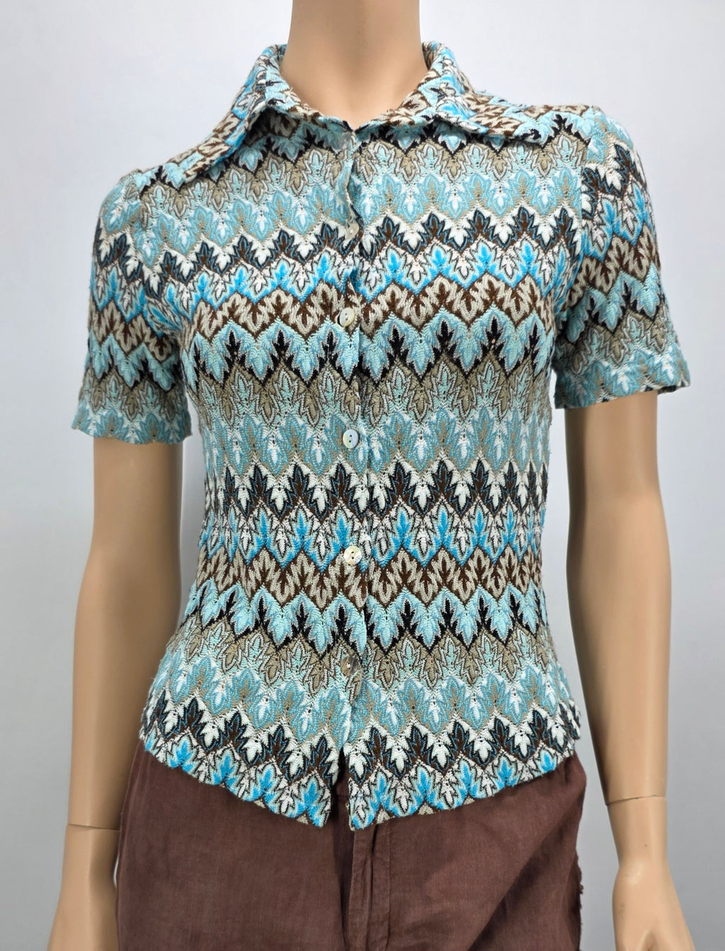 Stretchy blouse in turquoise and brown, 80s-90s, size 34-36