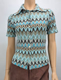 Stretchy blouse in turquoise and brown, 80s-90s, size 34-36