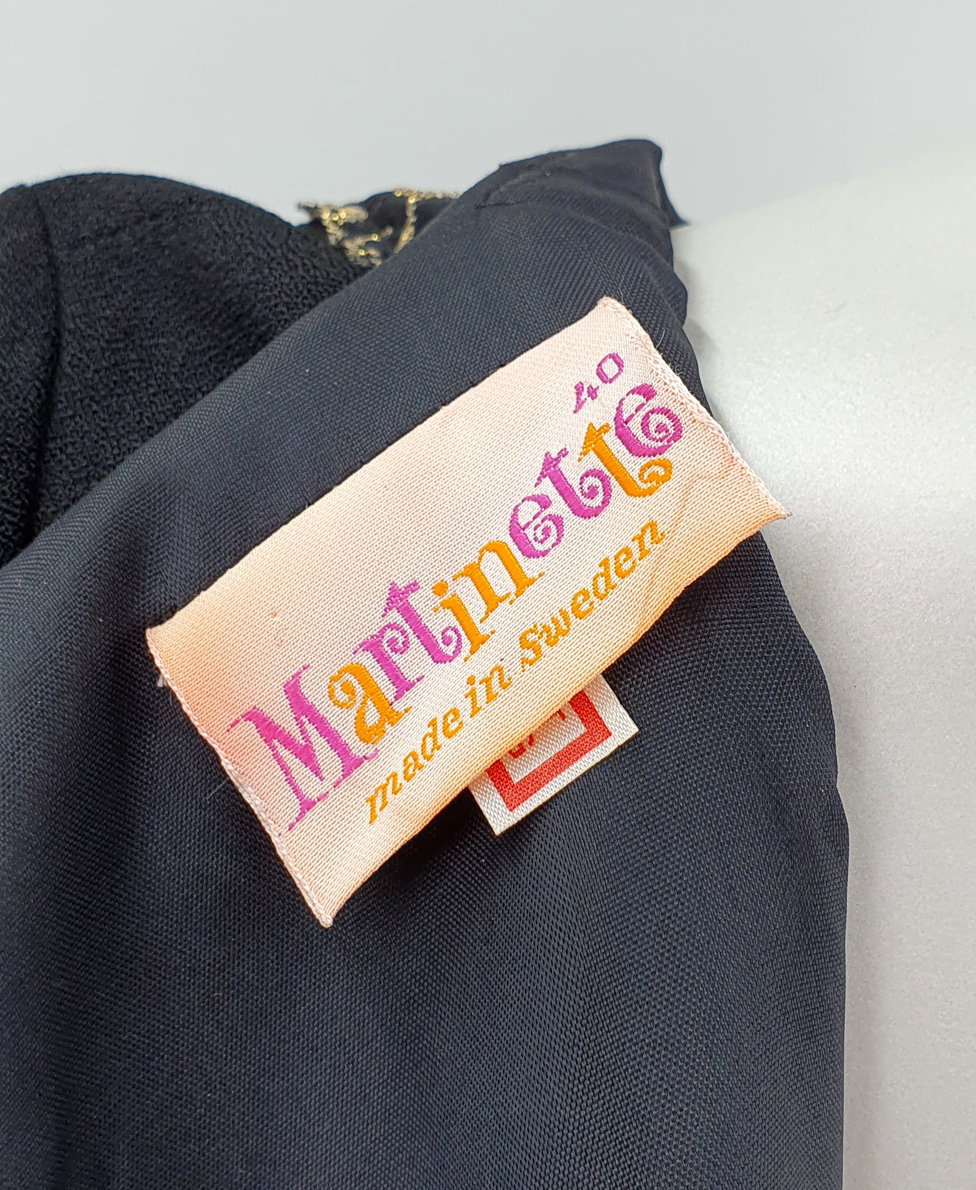 Martinette, black party dress with gold embroidery, 60s-70s, size 36/38