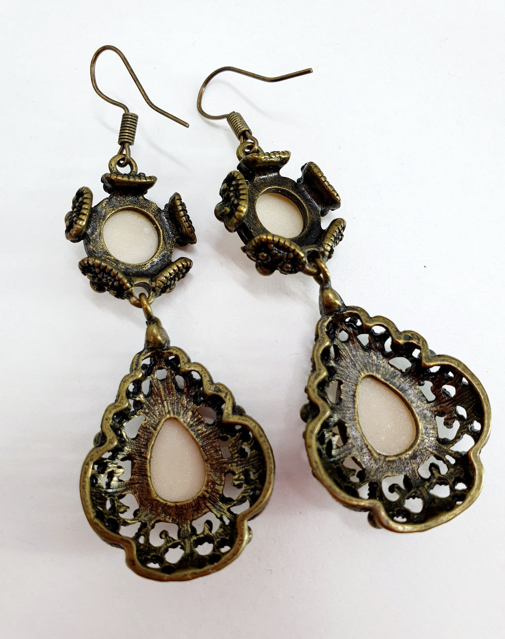 Lace-like hook earrings, antique brass color