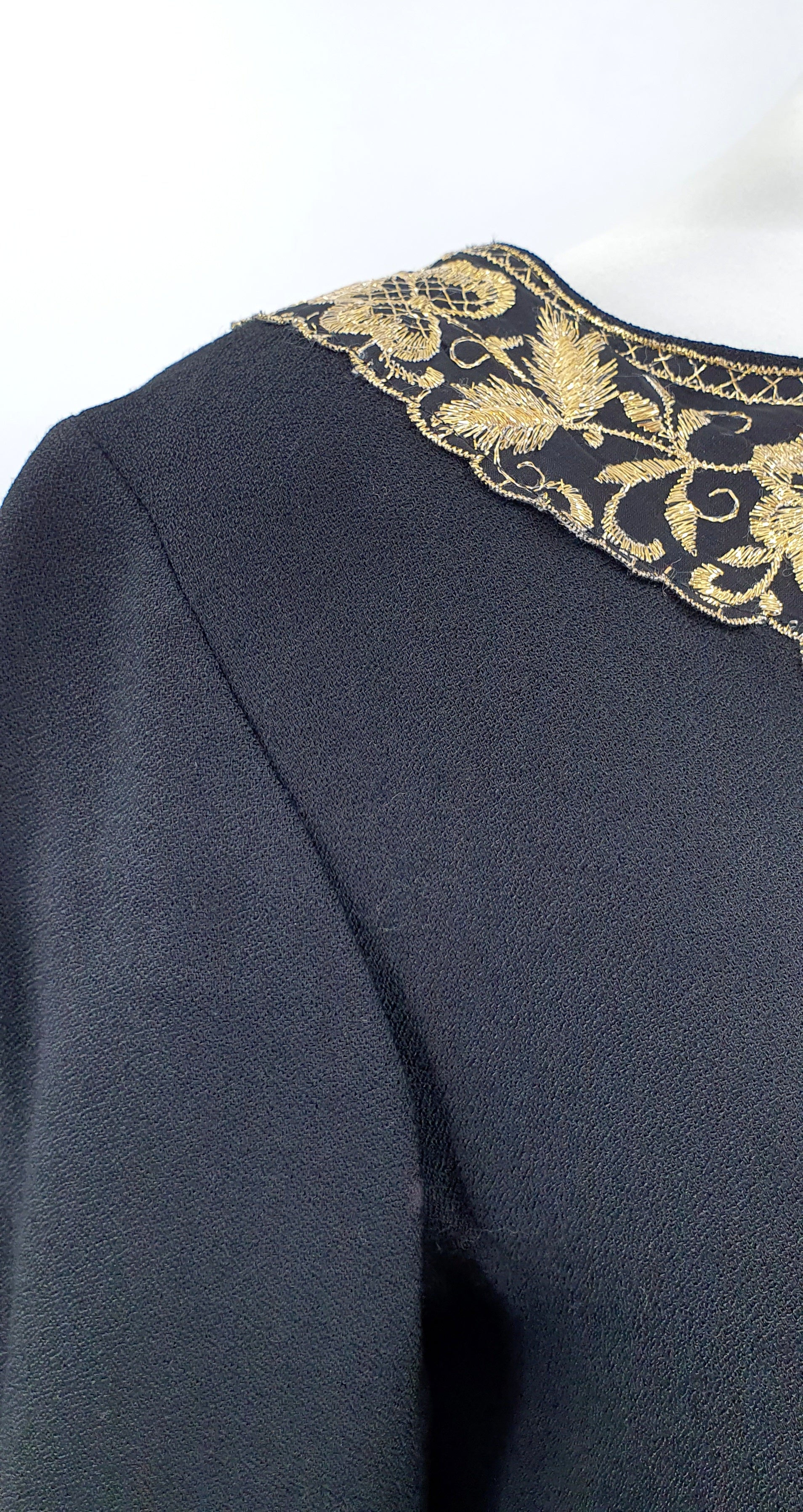 Martinette, black party dress with gold embroidery, 60s-70s, size 36/38