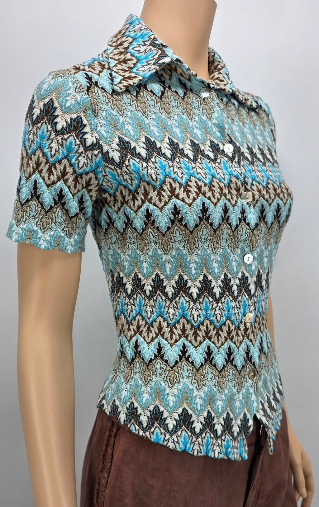 Stretchy blouse in turquoise and brown, 80s-90s, size 34-36