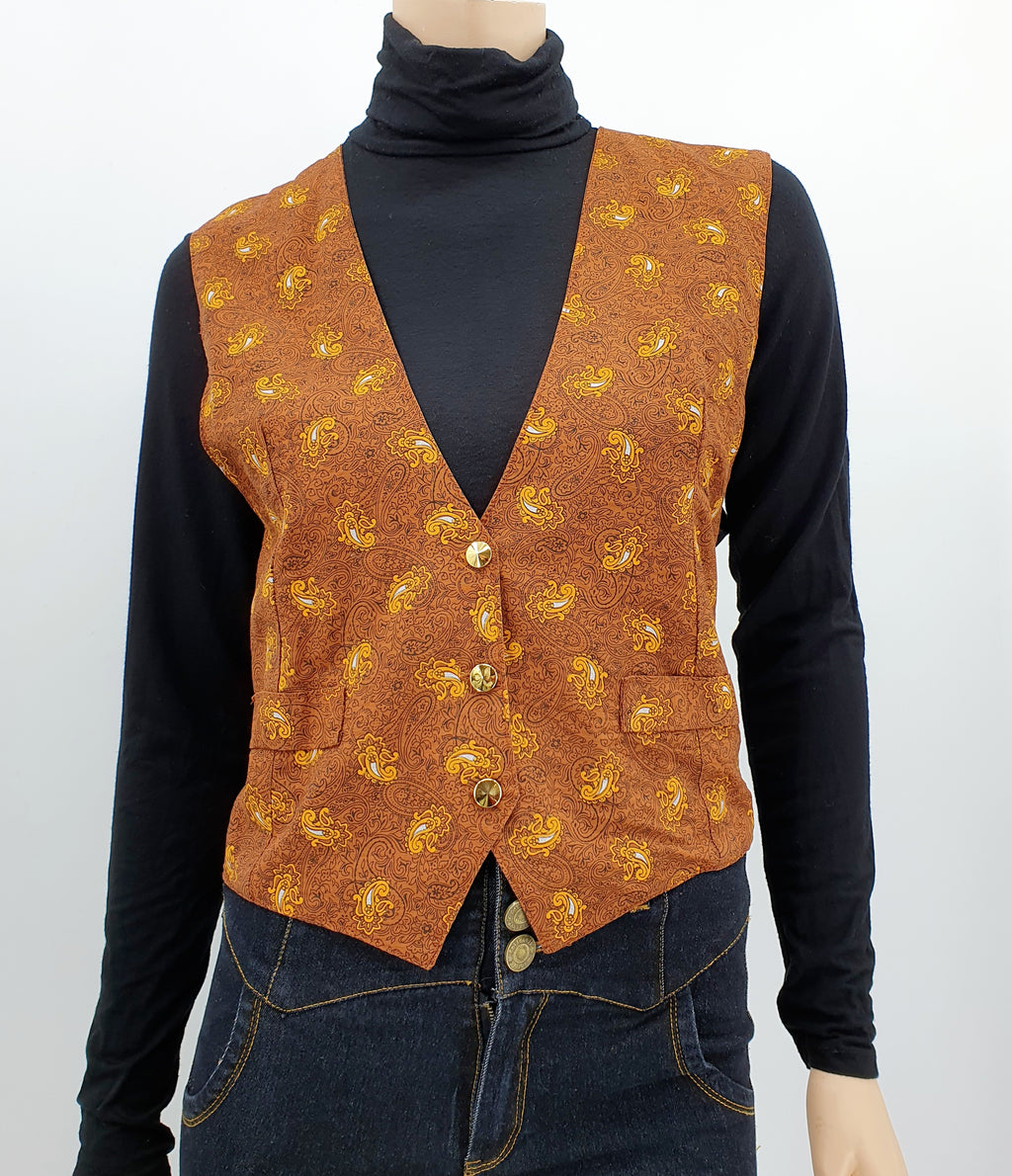 Paisleykuvioinen ruskea vintage liivi 90-luku Koko 38