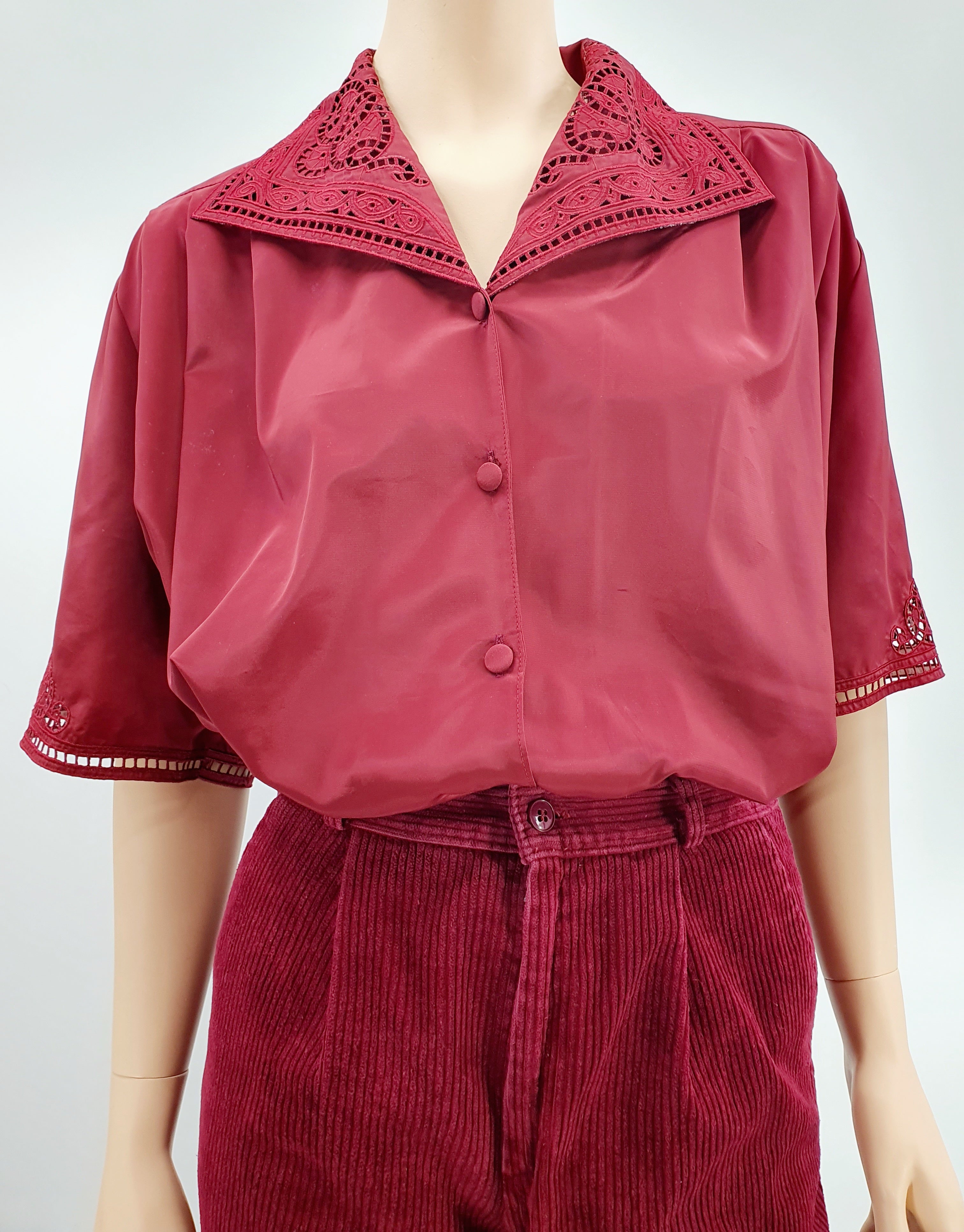 Abak, dark red embroidered women's shirt from the 90s, size 46/48