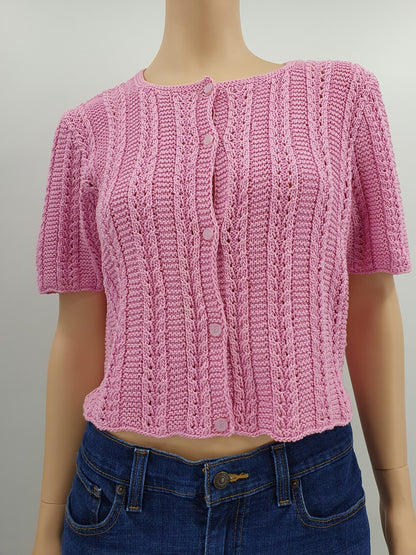 Pink short-sleeved cardigan, handmade, size 38
