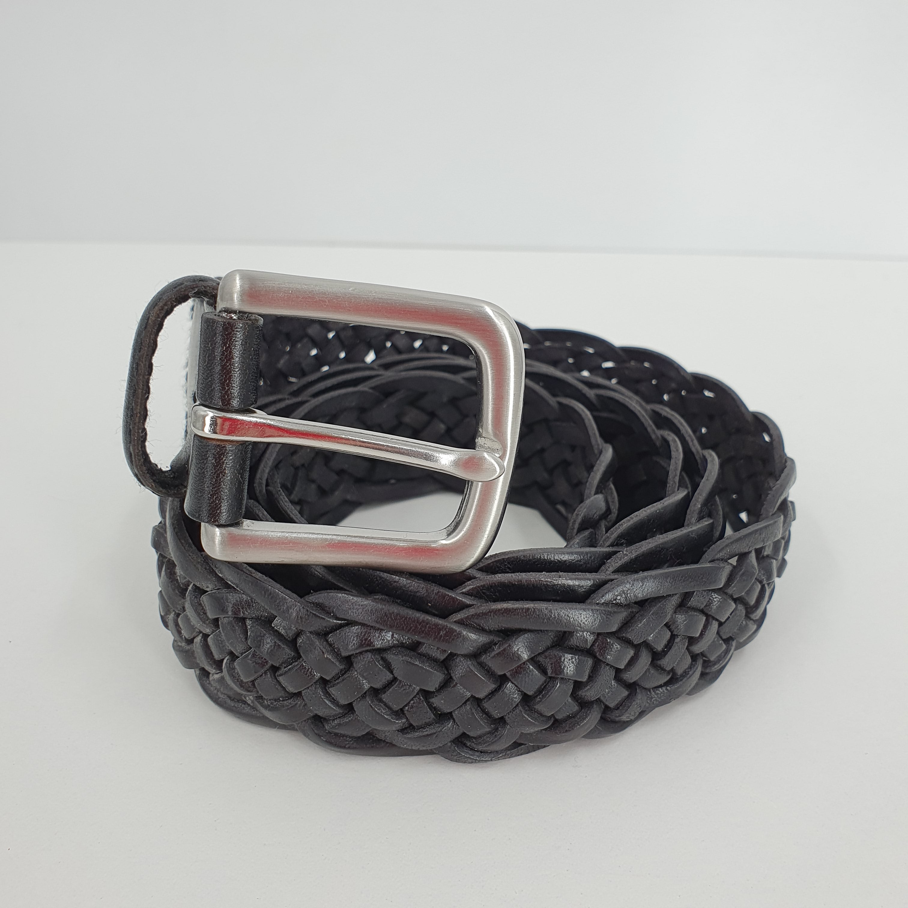 Men's narrow belt, black braided leather, length max. 95cm