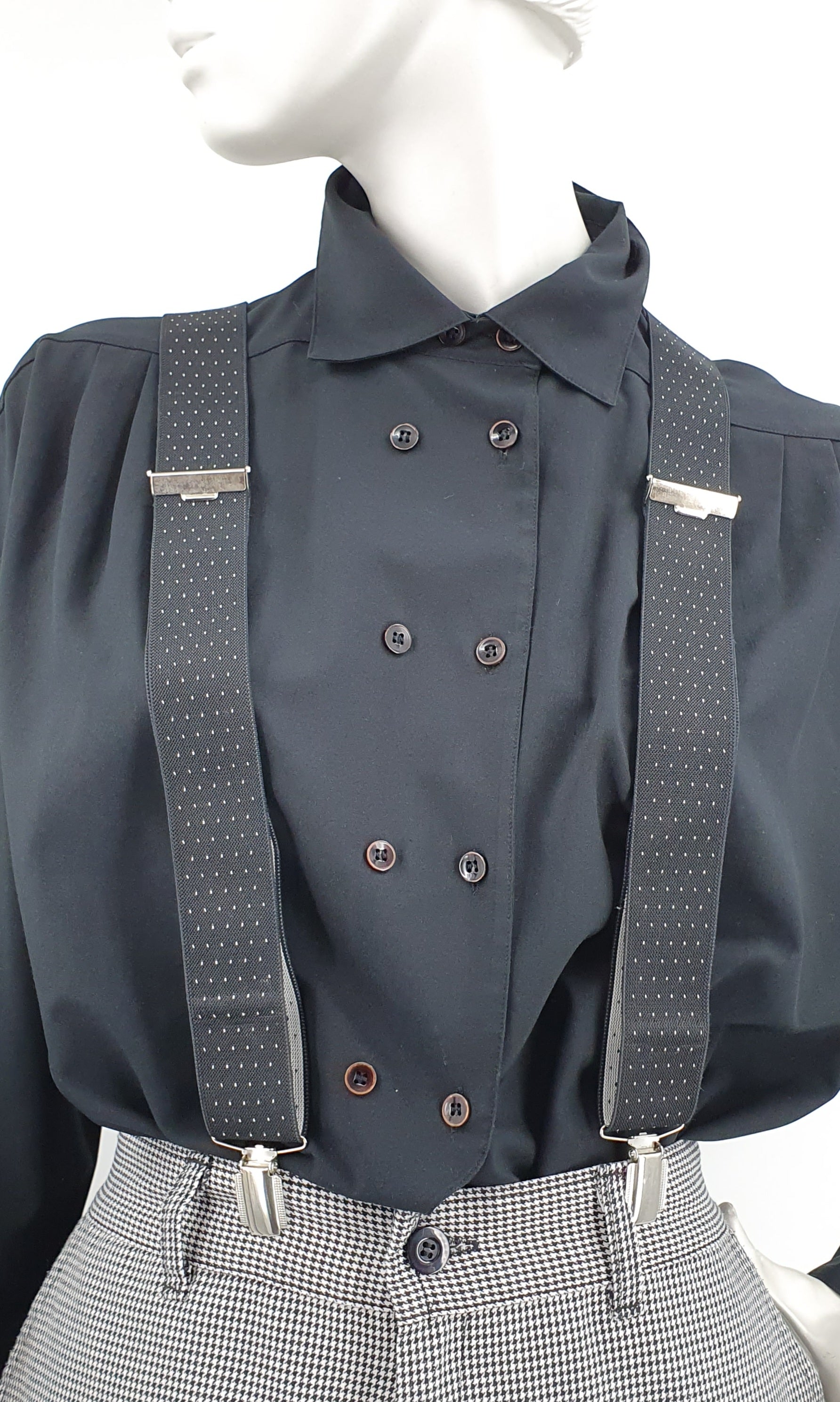 Y-shaped black suspenders, white polka dots