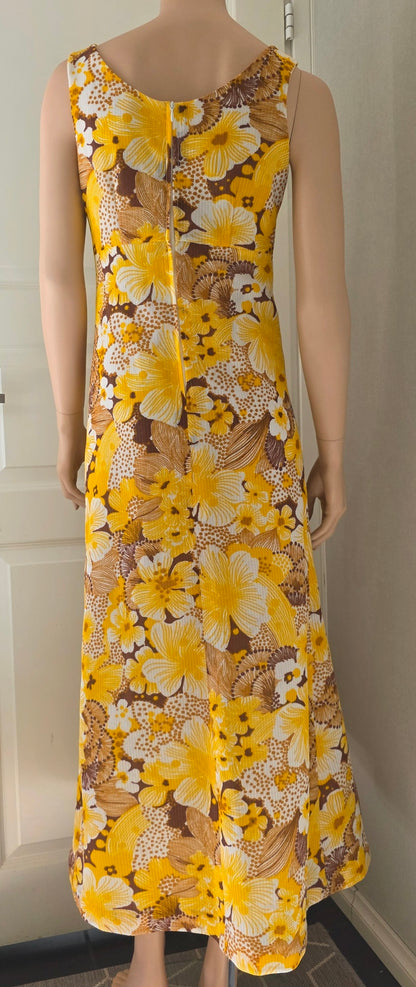 Yellow floral maxi vest dress from the 60s-70s, size 34-36