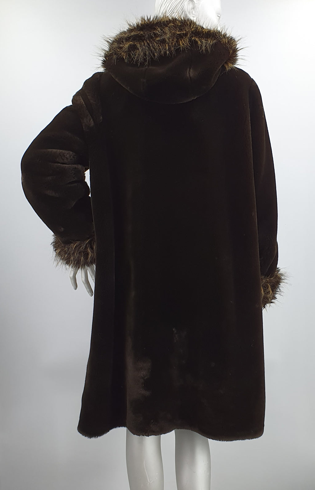 Alexandra, dark brown faux fur coat from the 90s, size 42-44
